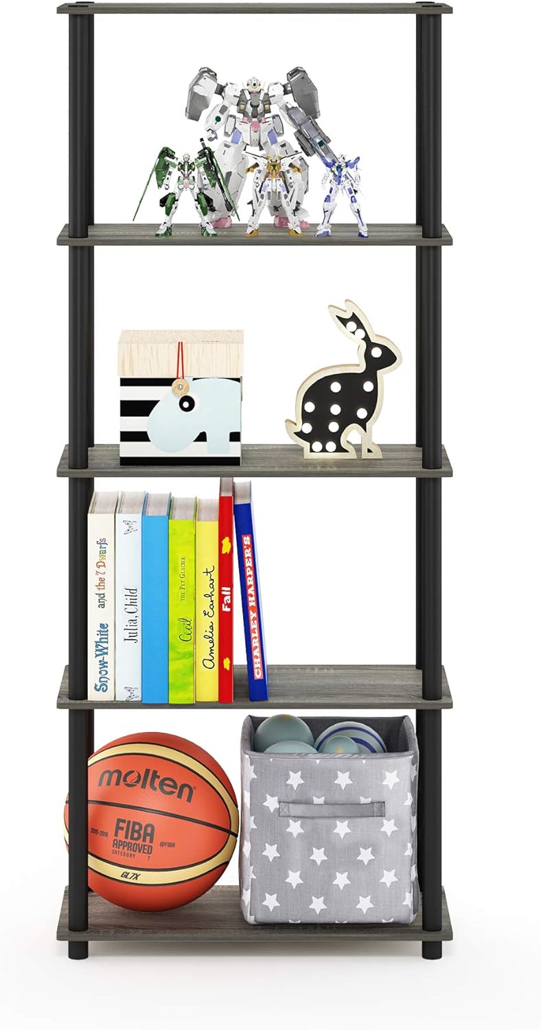 Furinno Turn-N-Tube 5-Tier Multipurpose Shelf / Display Rack / Storage Shelf / Bookshelf, Round Tubes, French Oak Grey/Black