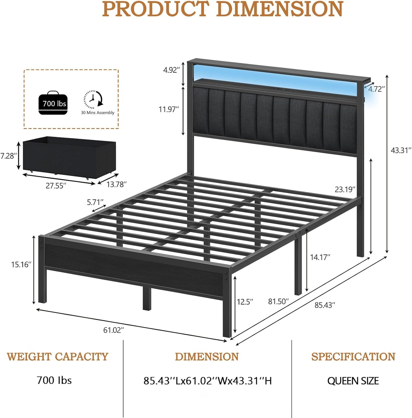 Furnulem Queen Bed Frame with Charging Station and LED Lights, Grey Upholstered Headboard with Shelves, Metal Platform Bed with 2 Under-Bed Storage (Fabric Drawer on Wheels), No Box Spring Needed