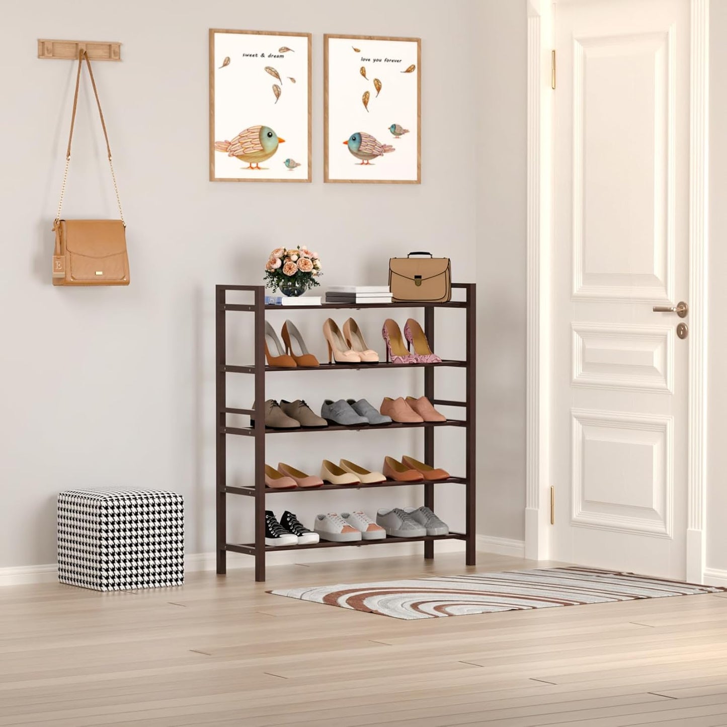 Haddockway Bamboo Shoe Rack for Closet, Free Standing Shoe Organizer with Smooth Round Rods & Convenient Handles, Stackable Shoe Storage Shelf for Entryway, Hallway(Brown, 5-Tier)