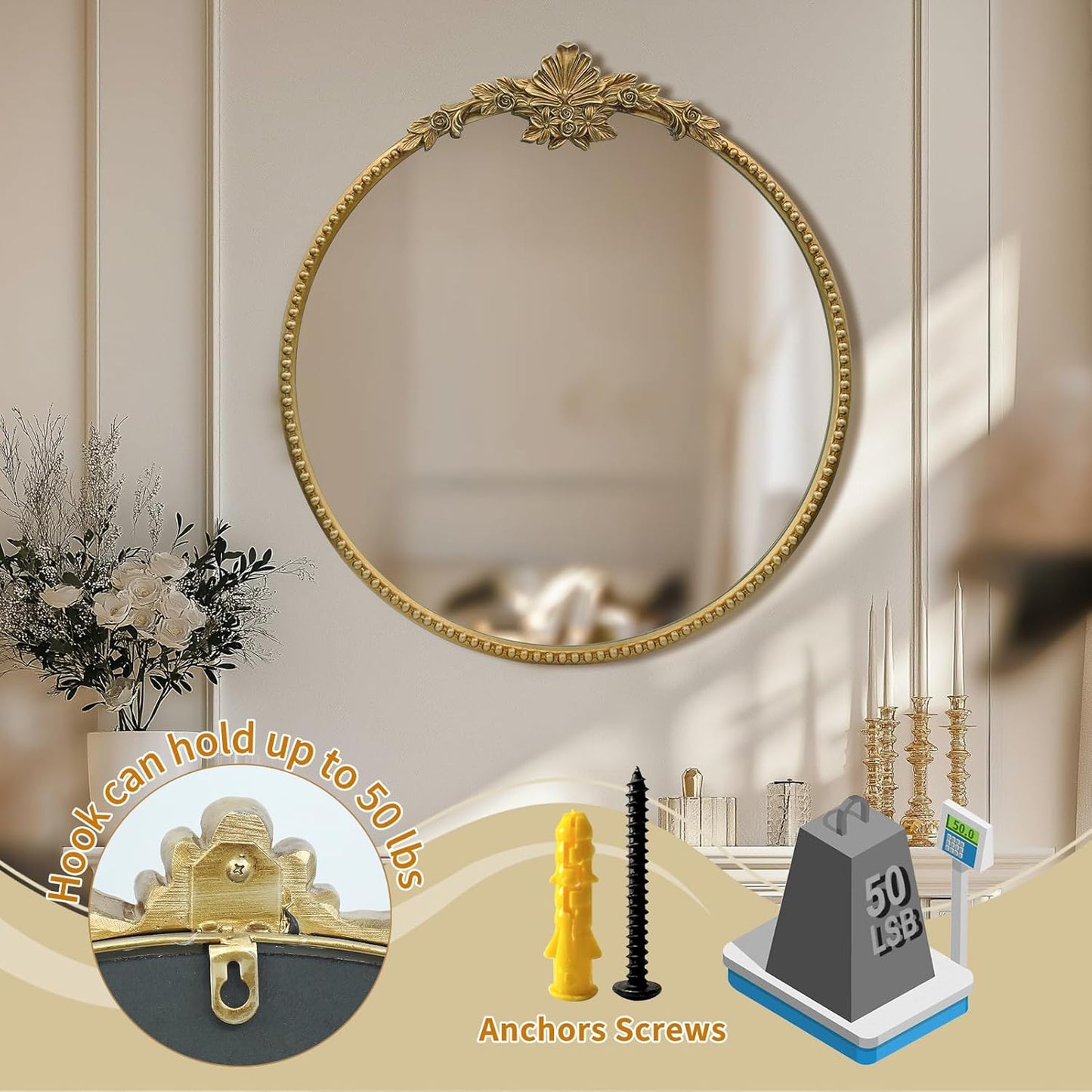 Round Gold Mirror,24inch Baroque Style Vintage Decorative Circle Wall Mirror for Living Room, Bedroom, Bathroom, and Entryway,Antique Gold