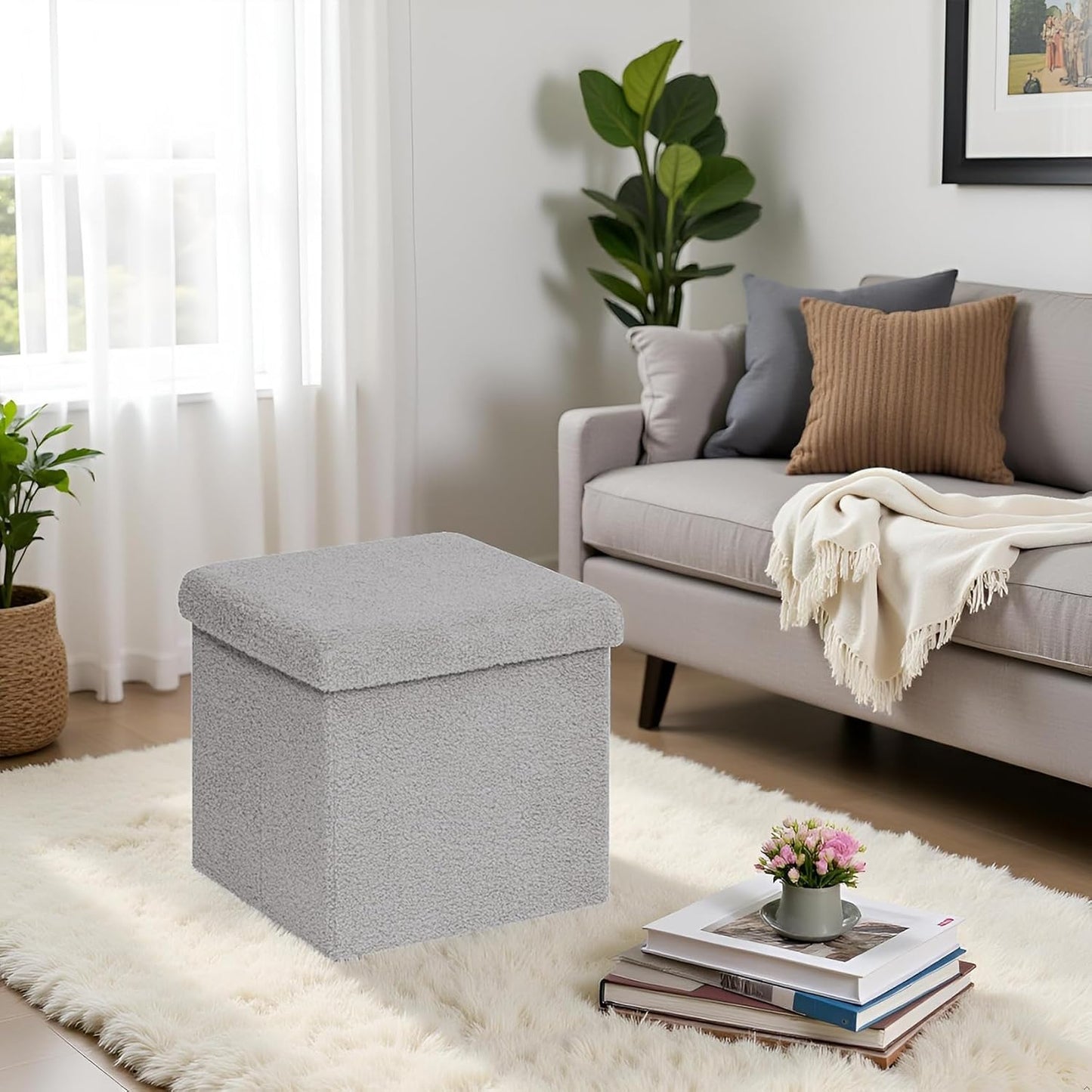 Folding Storage Ottoman Cube - Small Footrest with Sherpa Top, Multi-Functional Storage for Bedroom, Living Room-Grey