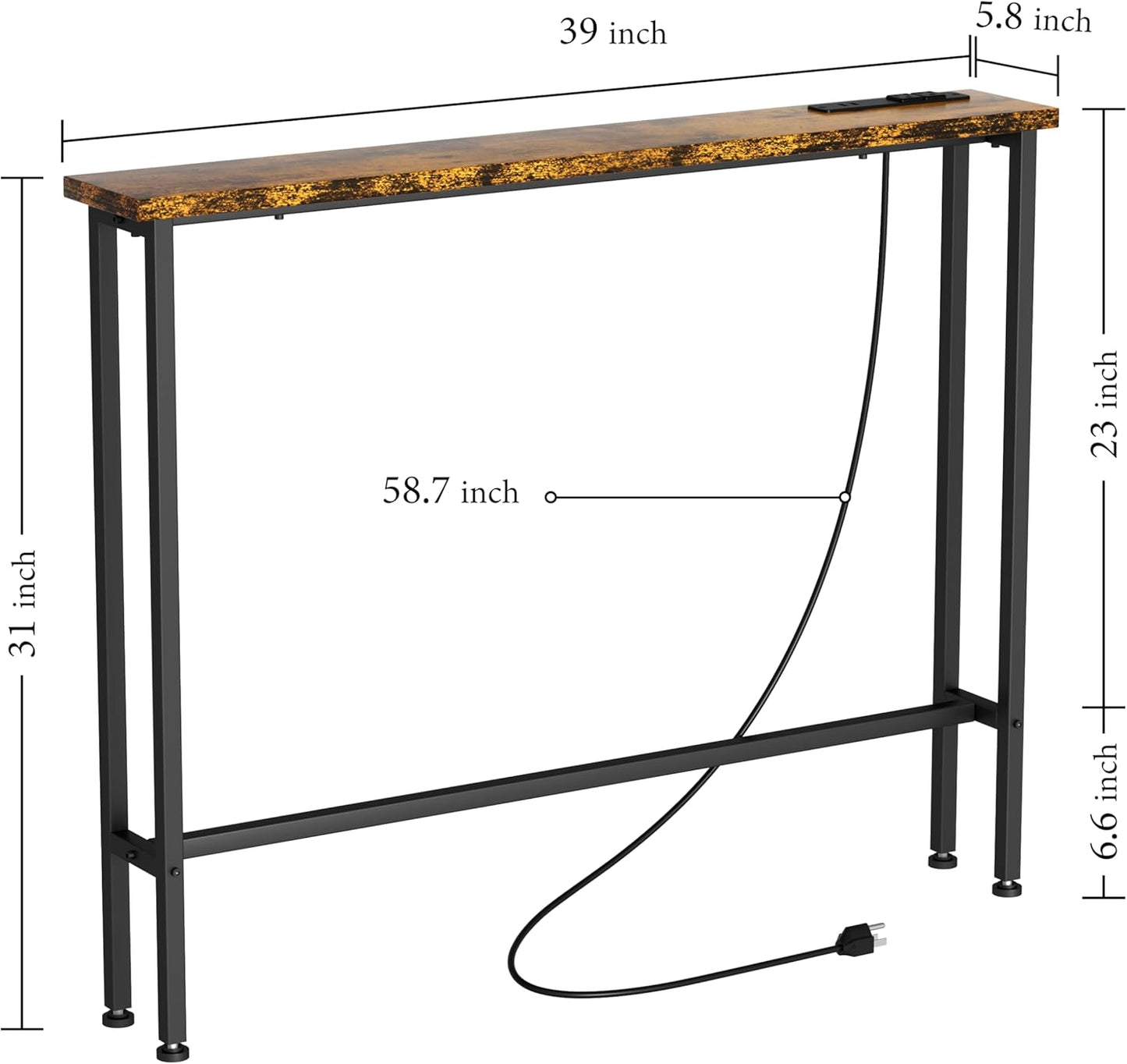 GRLEAF 39" Narrow Console Sofa Table with Built-in Power Strip (4 AC Outlets & 4 USB Ports) – 4.9ft Power Cord, Metal Frame, Easy Assembly, Ideal for Behind Couch, Hallway, and Office | Rustic Brown