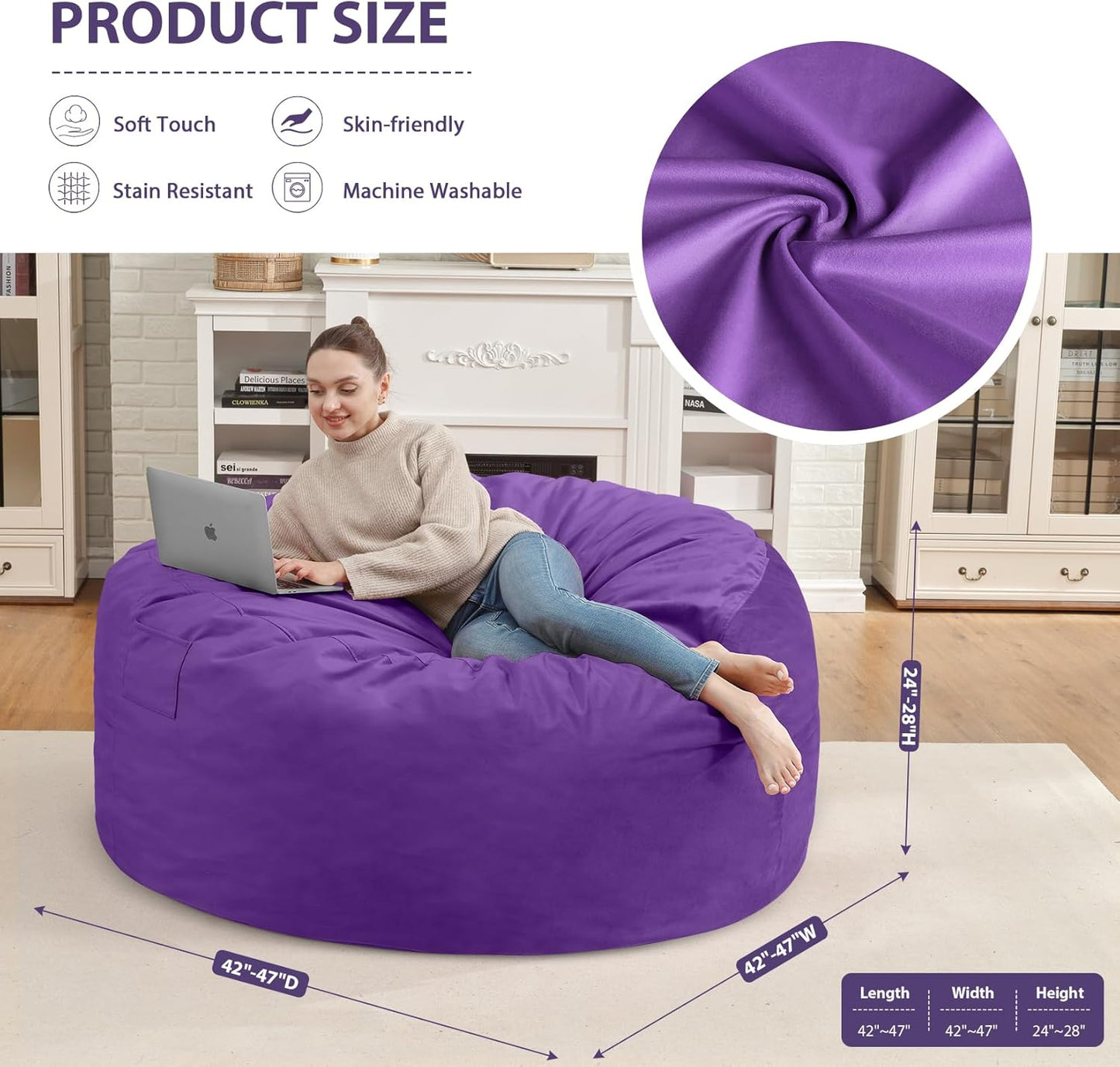 4FT Bean Bag Chair, Large Bean Bag Chairs with Memory Foam Filled, Fluffy Beanbag Sofa with Dutch Velvet Cover, Round BeanBag Chairs for Living Room, Playroom - Purple