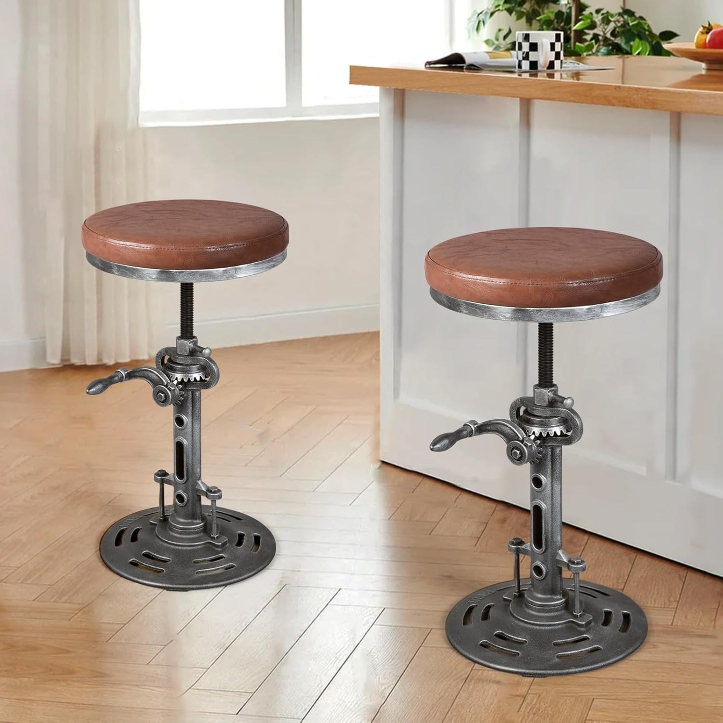 LOKKHAN American Antique Steampunk Deco Vintage Industrial Bar Cafe Stool, Retro Stylish Cast Iron Base Swivel Round Leather Top, Easily Adjusts by Crank Handle