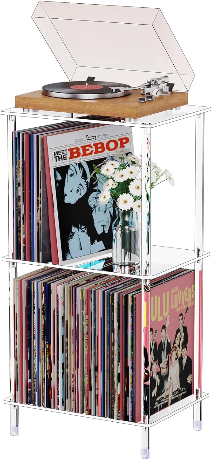Acrylic Record Player Stand, 3-Tier Clear Turntable Table with Vinyl Record Storage, 15.75" L x 11.81" W x 30.7" H, Modern Side Table/End Table