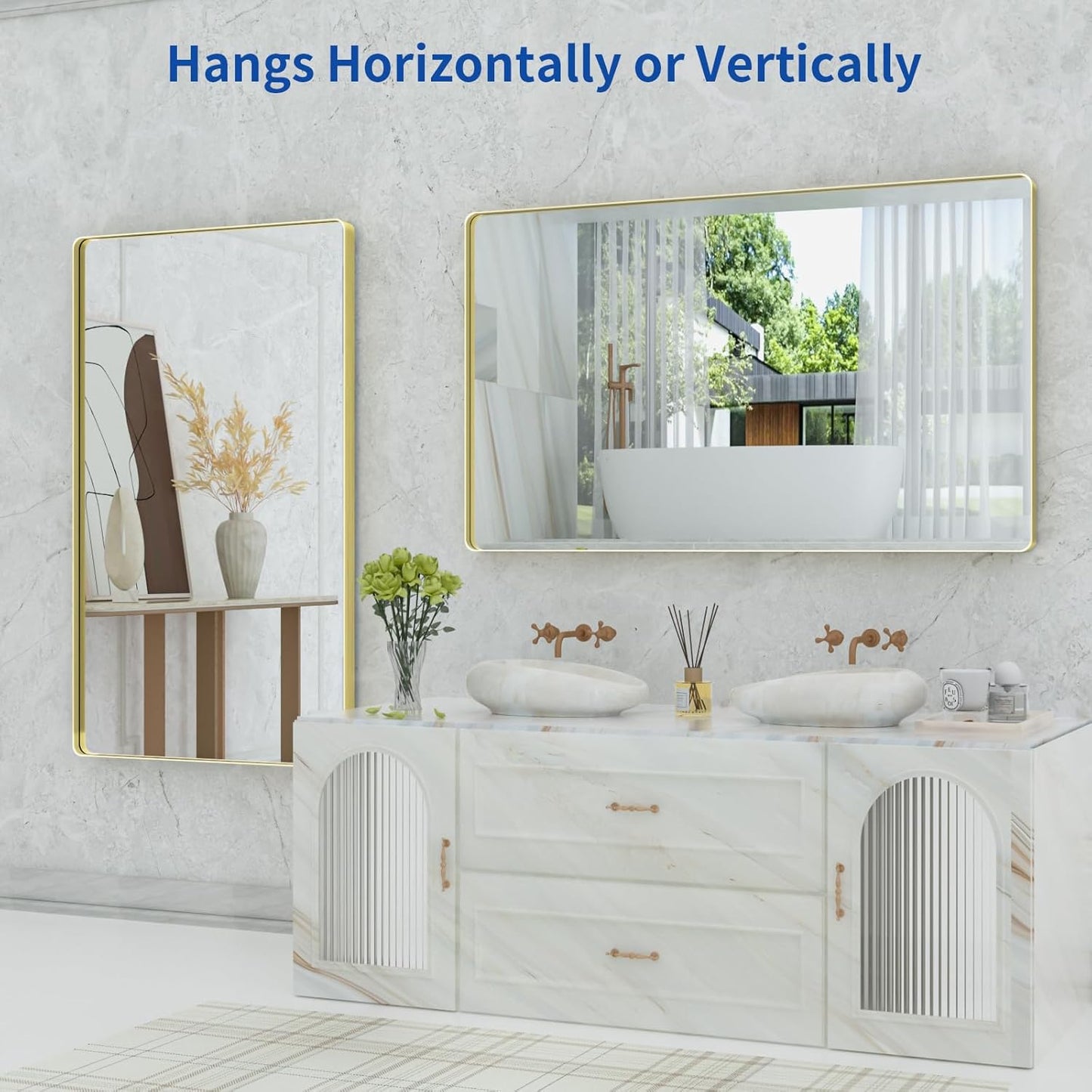 WEER Gold Bathroom Mirror, 60X36 Inch Brushed Gold Metal Frame Mirror, Rounded Rectangle Gold Bathroom Vanity Mirror for Wall, Tempered Glass, Anti-Rust, Hangs Horizontally or Vertically