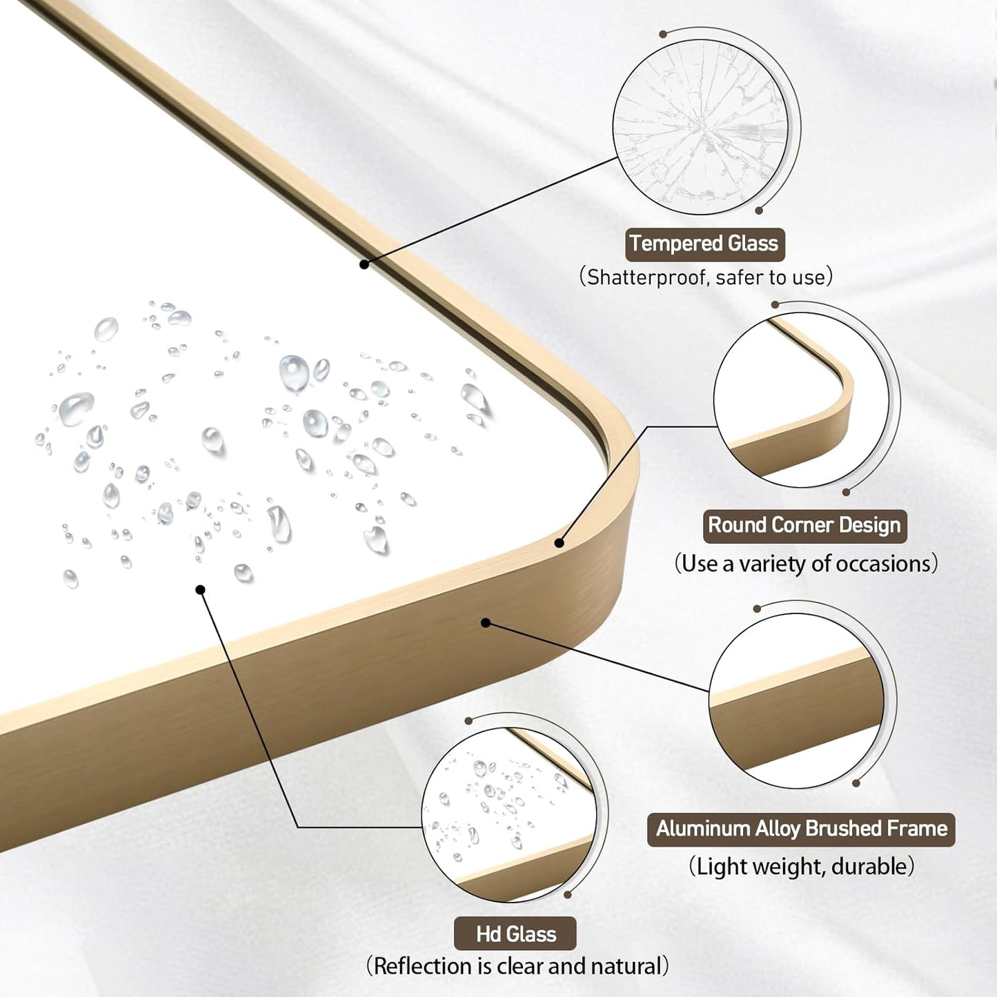 Gold Mirror, 22x30 Inch Gold Rectangle Mirror, Aluminum Alloy Framed Vanity Mirror, Rounded Rectangle Bathroom Mirror for Over Sink, Anti-Rust Wall Mirror (Horizontally or Vertically)