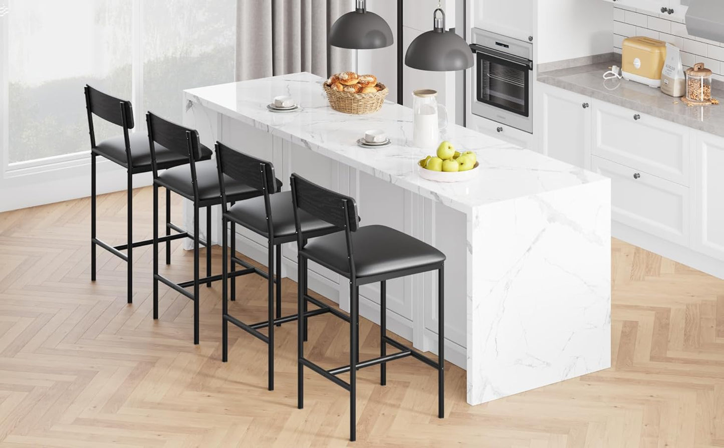 GarveeHome Bar Stools Set of 4, Upholstered Counter Height Bar Stools with Backrest and Footrest, Kitchen Barstools for Island, Counter Bar, Easy Assembly, Rustic Black