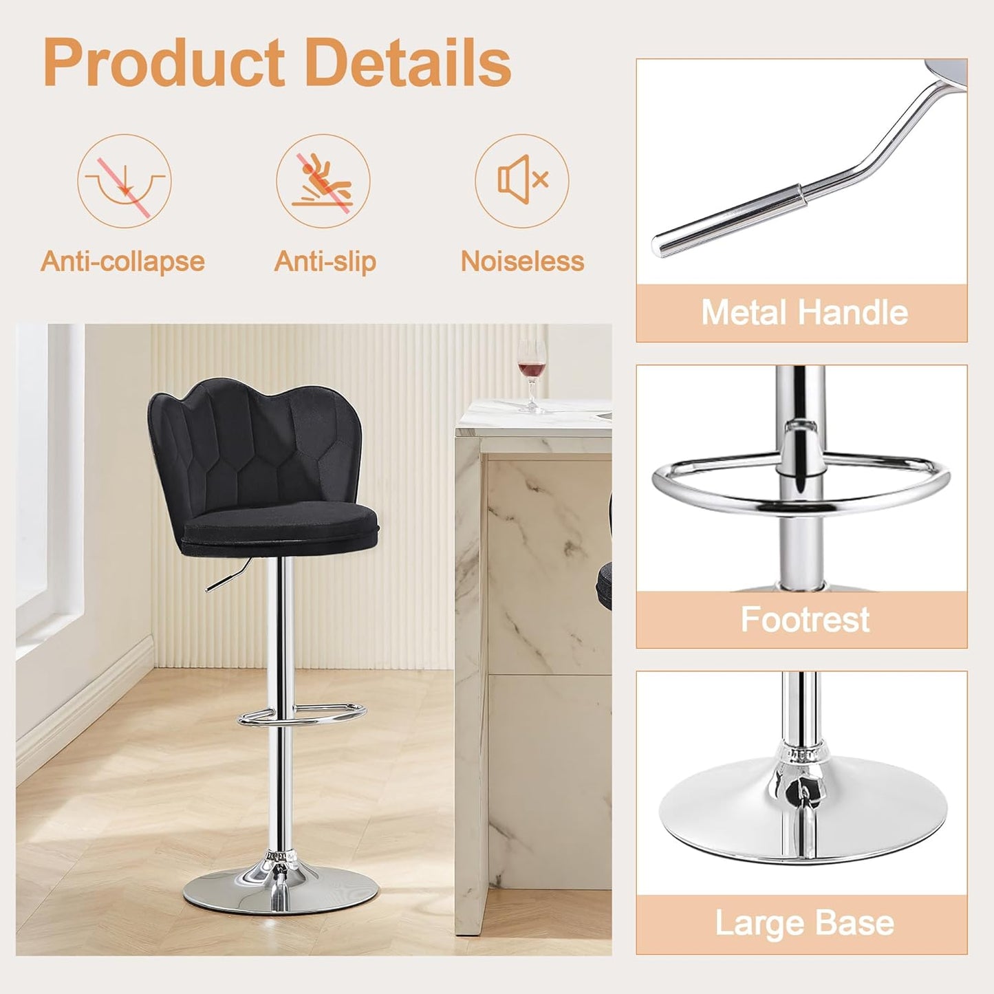 VECELO Bar Stools Set of 2, Adjustable Barstools with Back, Velvet Armless Counter Height Stool Kitchen Island Stool Swivel Bar Chairs for Pub Dining Room Living Room, Black