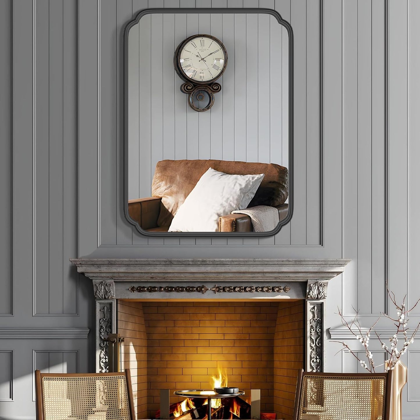 Matte Black Bathroom Vanity Mirror for Over Sink 30" x 40" Modern Rounded Corner Rectangle Wall Mirror Decorative with Non-Rusting Iron Metal Framed (Horizontal/Vertical)