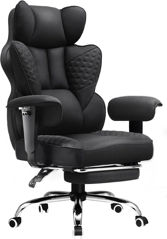 COMHOMA Big and Tall Office Chair 400LBS Wide Ergonomic Fabric Deluxe Embossing Designed Gaming Chair with Foot Rest,150°Reclining Adjustable Armrests Pocket Spring Back Support and Pillow