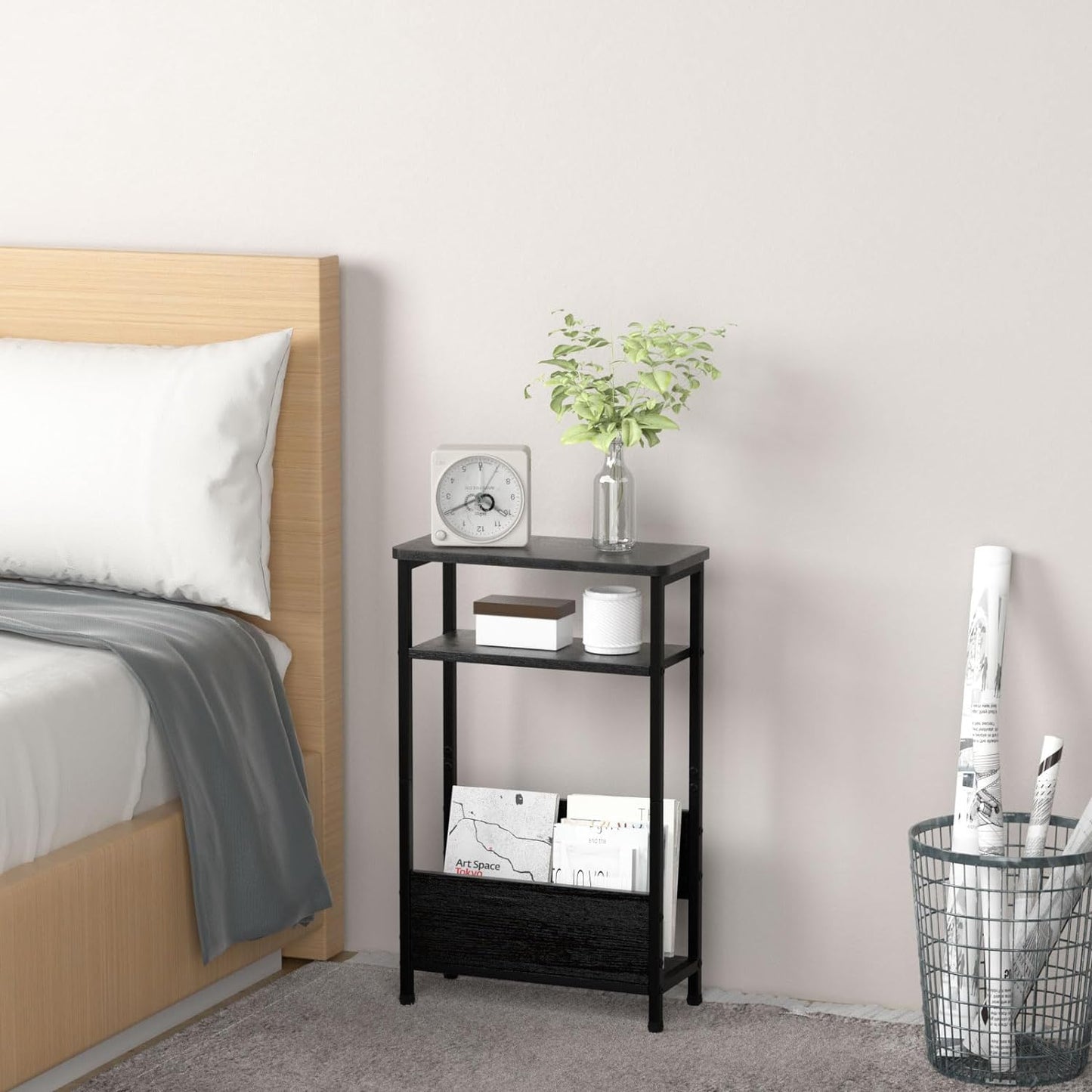 7.1" Narrow Side Table for Small Spaces, 3 Tier Small End Table with Magazine Holder, Slim/Skinny Nightstand/Bedside Table for Living Room, Bedroom, 15.4" L x 24.2" H, Black