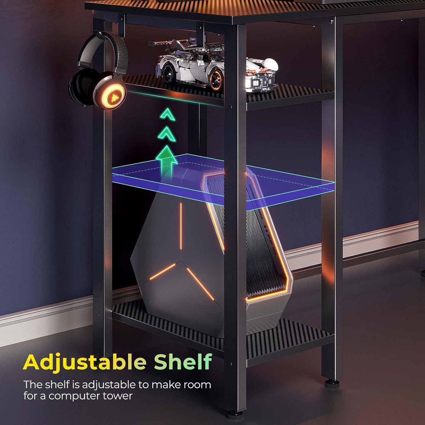 Rolanstar L Shaped Gaming Desk with LED Lights & Power Outlets, 46.2" Computer Desk with Full Monitor Stand & Storage Shelf, Corner Desk with Hooks, Carbon Fiber Desk Reversible