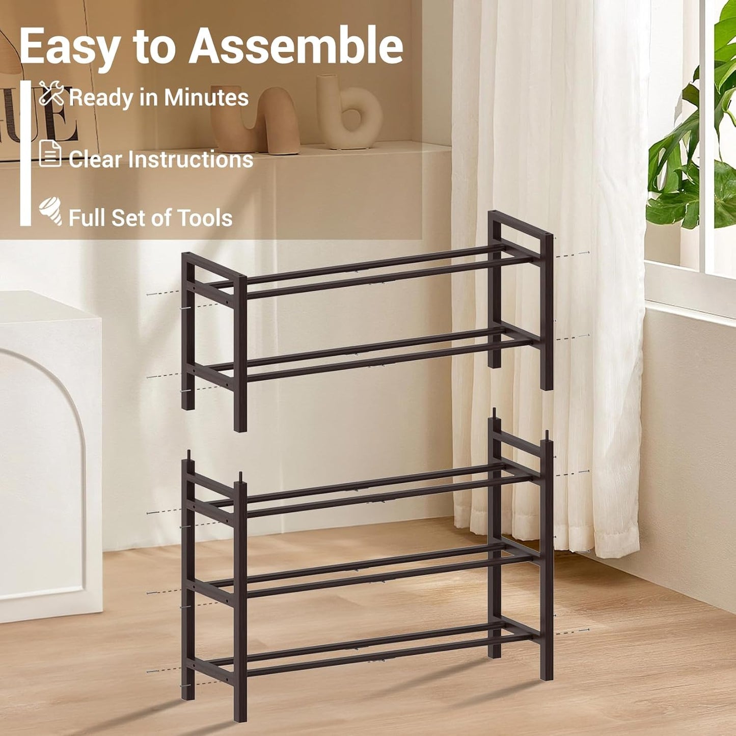 Haddockway Bamboo Shoe Rack for Closet, Free Standing Shoe Organizer with Smooth Round Rods & Convenient Handles, Stackable Shoe Storage Shelf for Entryway, Hallway(Brown, 5-Tier)