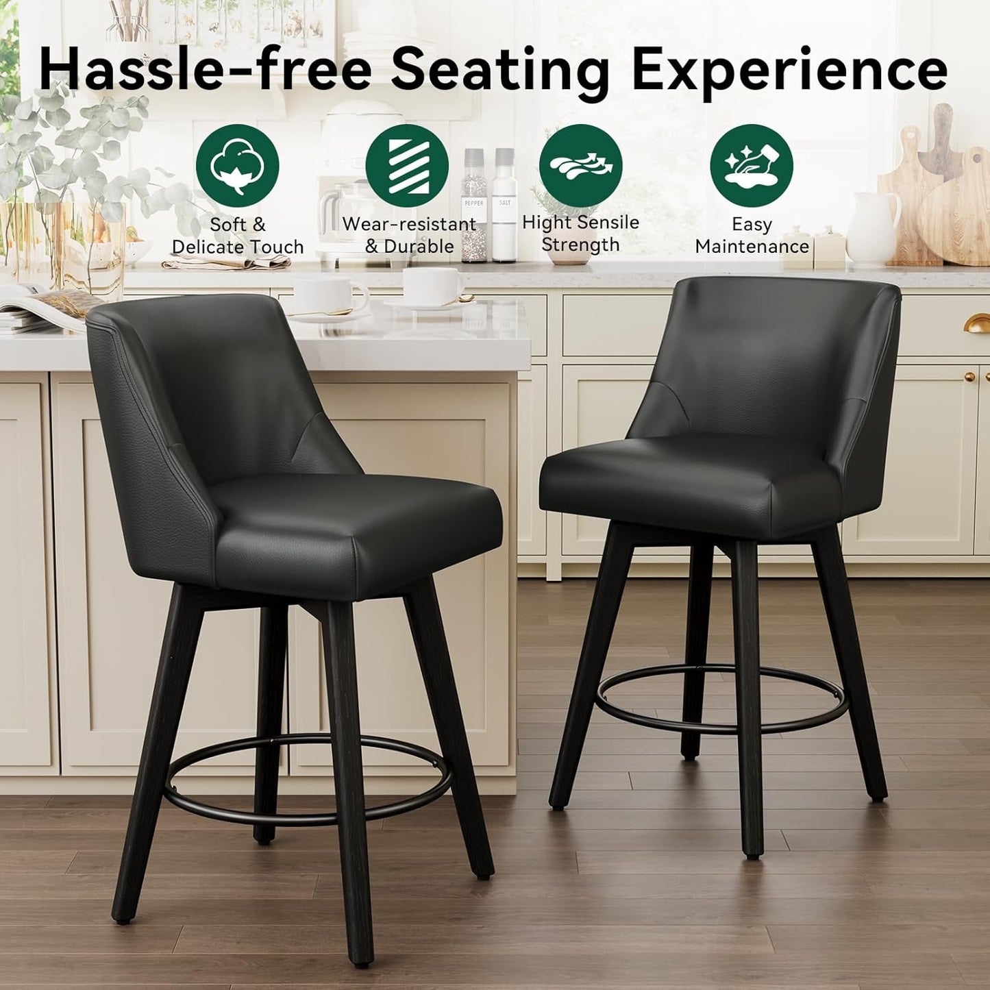 Vipbear Swivel Counter Height Bar Stools Set of 3,26.8" H Counter Stools with Back, Mid Century Modern Bar Stools for Kitchen Island,Faux Leather,Wooden Base, Black