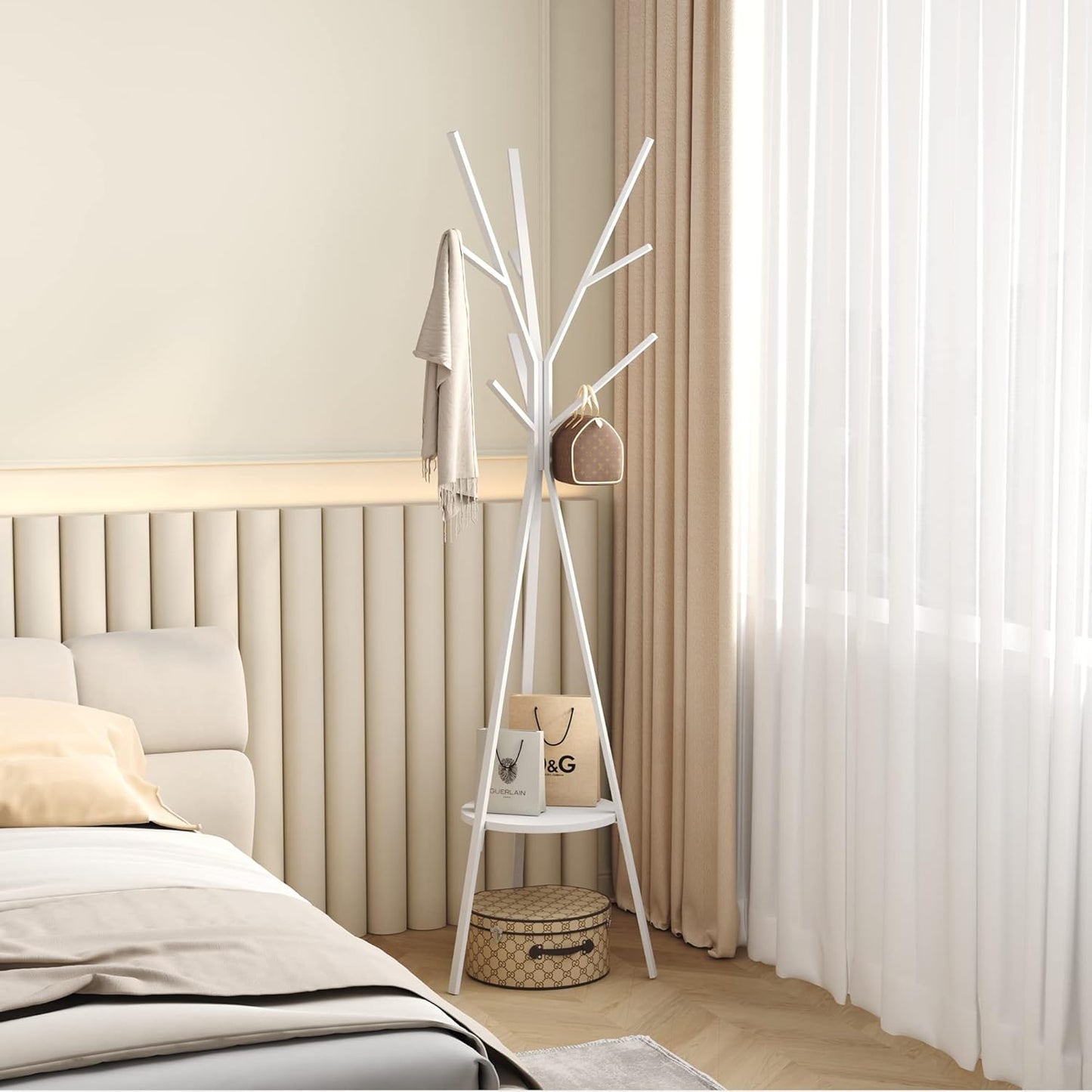 Coat Rack Hat Stand Free Standing Display Hall Tree Metal Hat Hanger Garment Storage Holder with 9 Hooks for Clothes Hats and Scarves in Black,17.72"Wx17.72"Dx70.87"H (White)