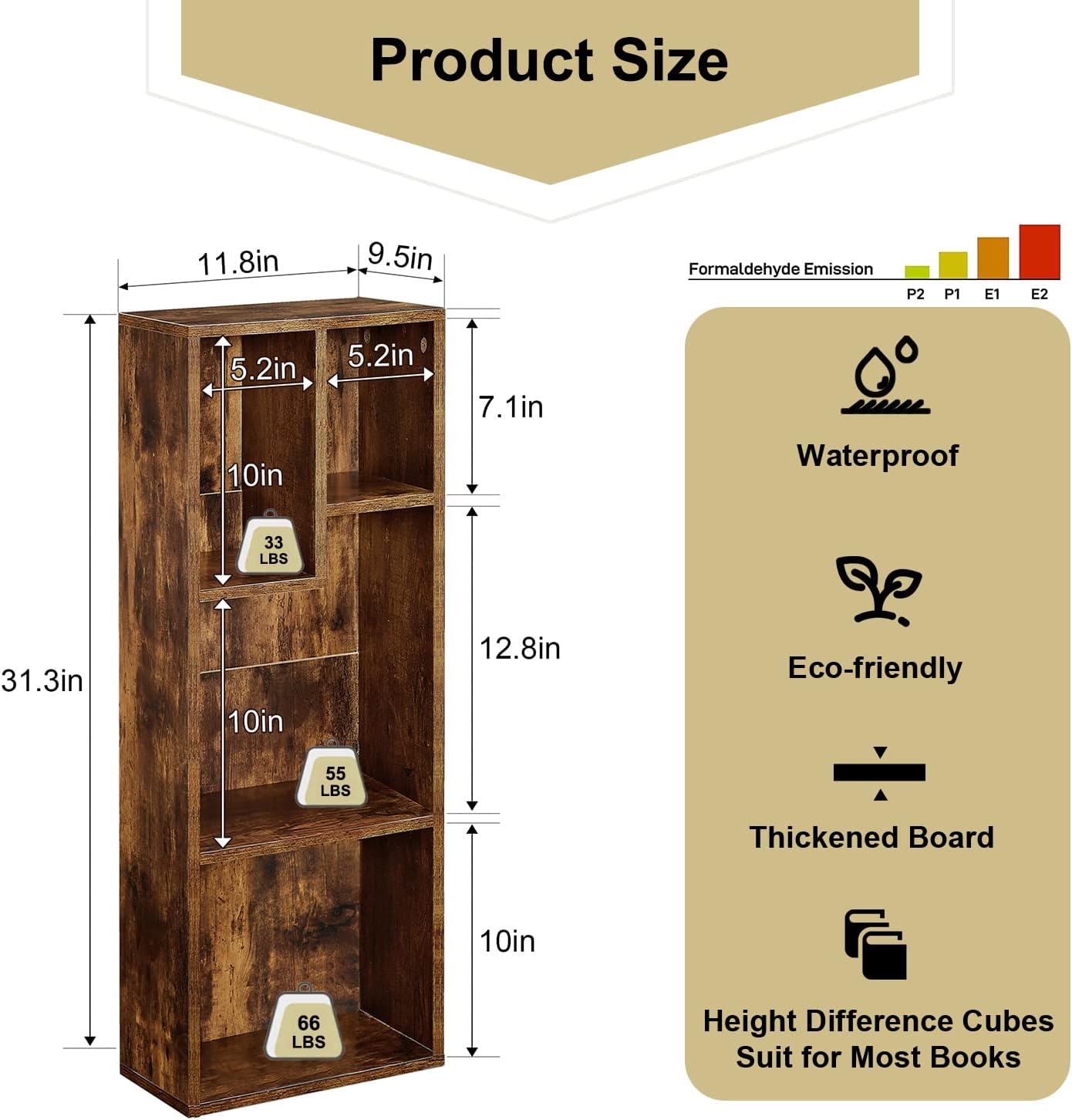 VECELO 3-Tier Small Bookcase, 4 Cube Bookshelf with Height Difference Shelves for Most Books, Modern Floor Standing Unit, Each Shelf Hold Up to 66 LBS for Living Room Bedroom, Rustic Brown