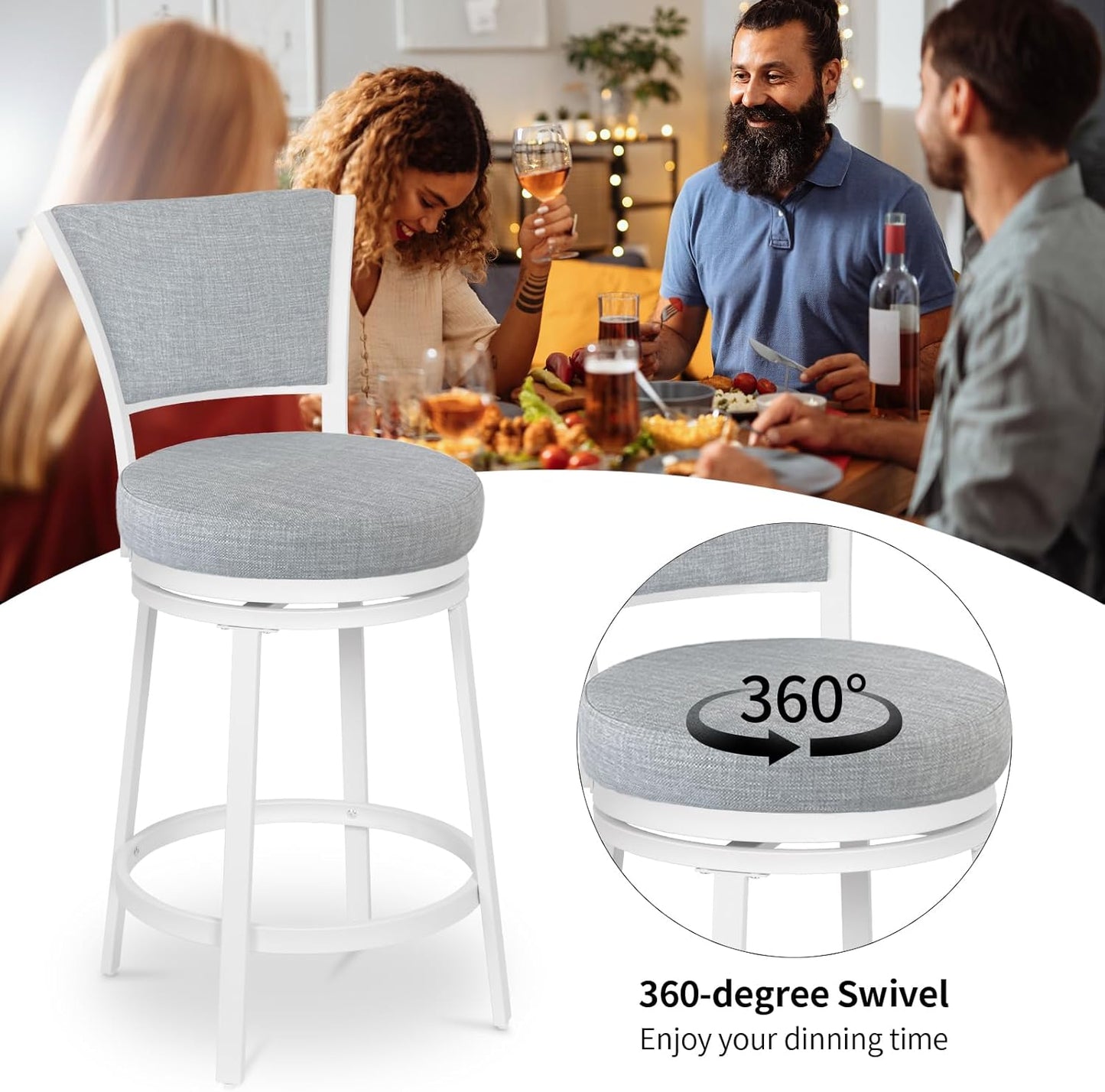 Bar Stools Set of 2, 25 Inch Metal Counter Height Bar Chairs, Modern Linen Fabric 360° Round Swivel Barstools with Back, Counter Stools for Kitchen Island, Pub, Grey & White