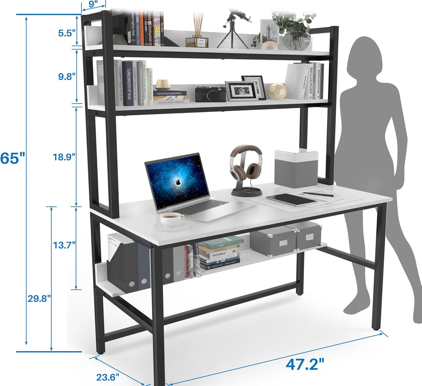 Aquzee Computer Desk with Shelves, 47" W x 23.6" D Gaming Desk with Hutch and Bookshelf, White Study Table for Bedroom Space Saving with 3 Tier Storage Shelf, Home Office Desk for Writing Work