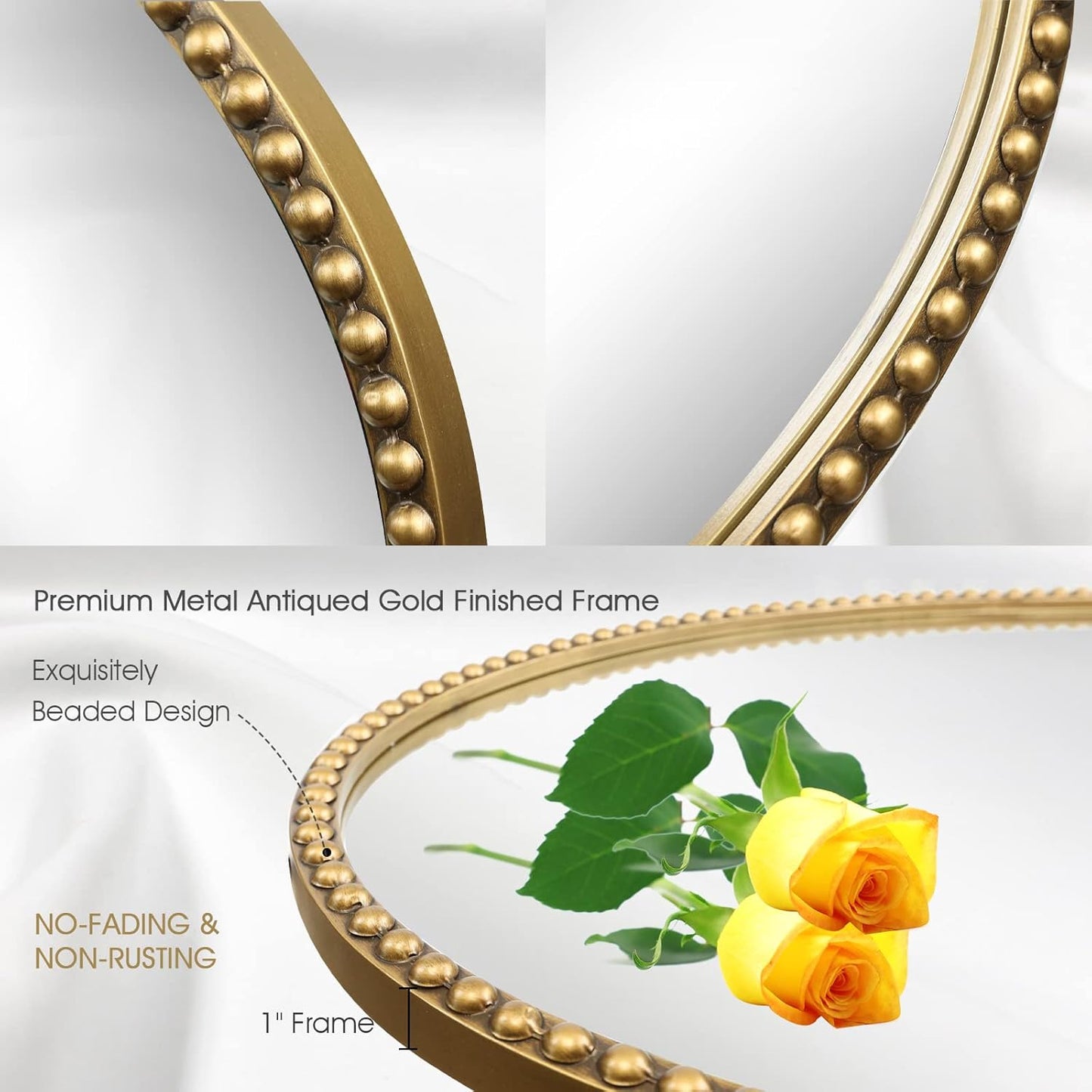 Oval Wall Mirror for Bathroom, 26"x39" Antique Gold Metal Beaded Frame Decorative Accent Mirror, Large Hanging Vanity Mirror for Bedroom, Living Room, Entryway