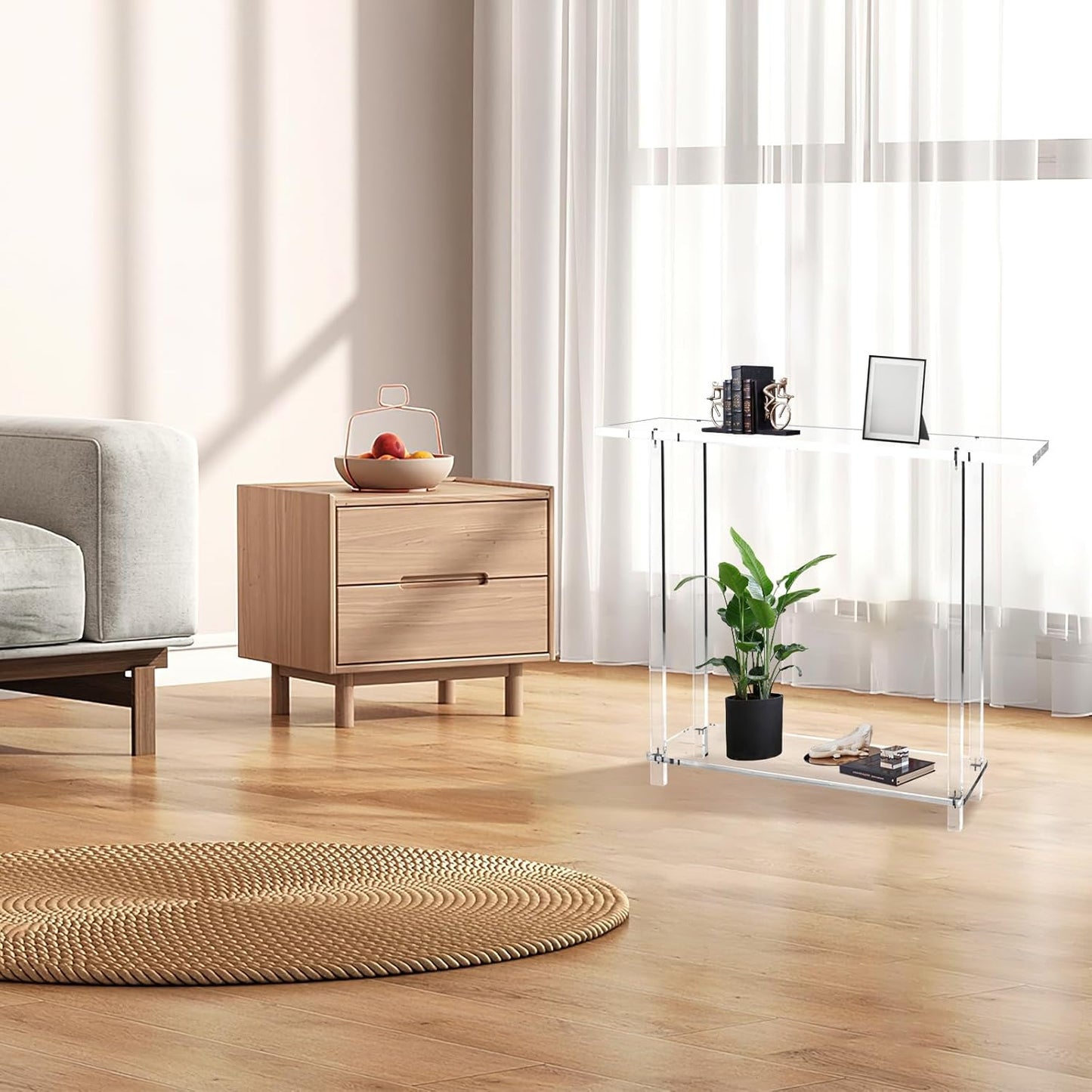 Acrylic Narrow Console Table for Entryway 7.6" D x 39.4" W x 31.5" H Clear Modern Skinny Bookshelf Slim Entry Table Waterfall Desk Furniture for Sofa Foyer Hallway Living Room Dining Room