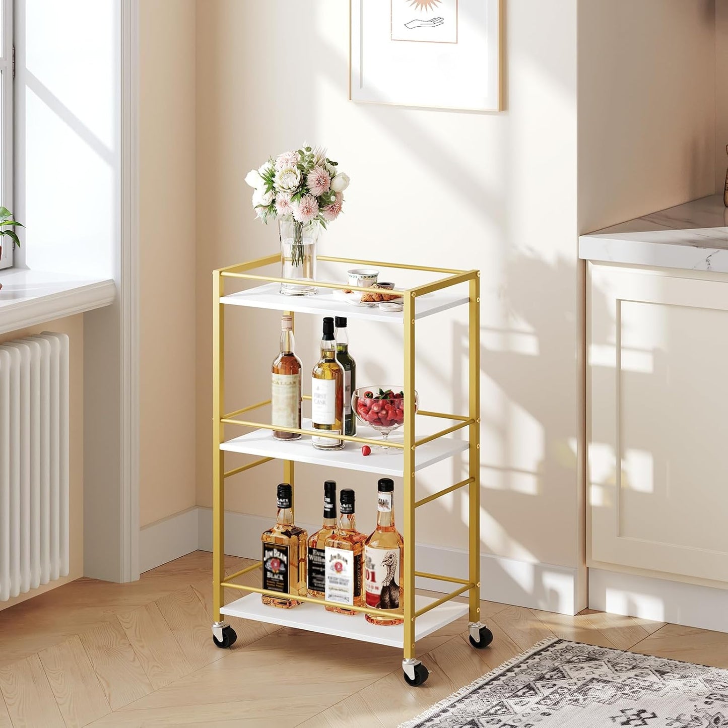 Bar Cart for The Home, 3-Tier Drink Cart on Wheels, Home Bar Serving Cart, Mini Bar Cart for Small Space, Rolling Kichen Carts for Bar, Kitchen, Dining Room, Gold RCJW4001