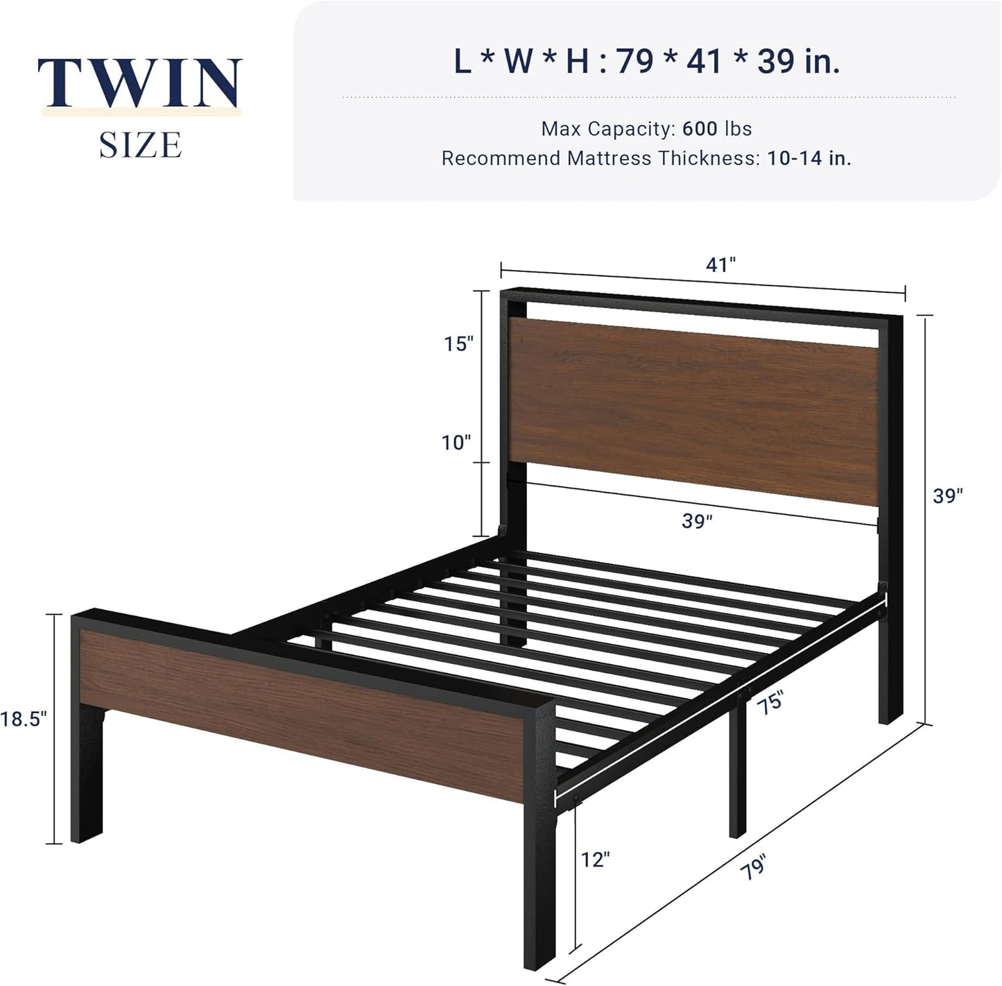 Allewie Twin Size Platform Bed Frame with Wooden Headboard and Footboard, Heavy Duty Metal Slats Support, No Box Spring Needed, Under-Bed Storage, Noise Free, Easy Assembly, Walnut