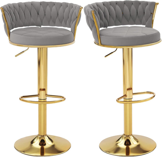 VECELO Bar Stools Set of 2, Adjustable Barstools Counter Height Stools with Back and Arm, Velvet Woven Kitchen Island Stools w/Gold Metal Leg & Base, 360° Swivel Bar Chair, Light Grey
