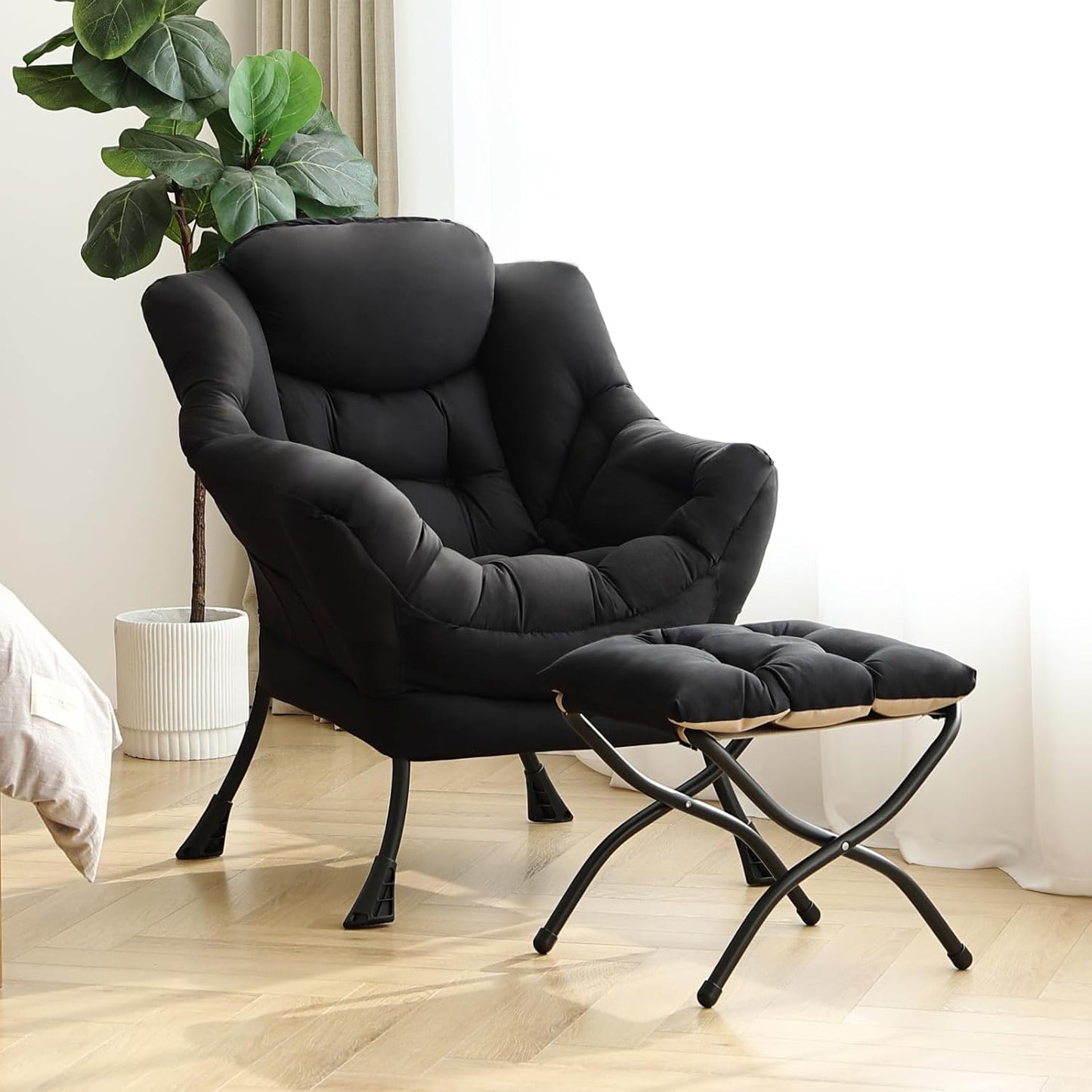 Lazy Chair with Ottoman, Modern Accent Chair Contemporary Lounge Leisure Sofa Chair with Armrests, Reading Chair and Folding Footstool Set for Living Room, Bedroom, Office, Black