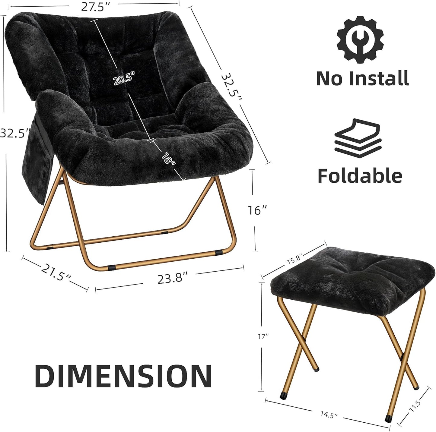 Comfy Saucer Chair for Adults, Foldable Living Room Chairs, Soft Faux Fur Lounge Chair for Bedroom, Reading Chairs, X-Large (Ottoman-Black)