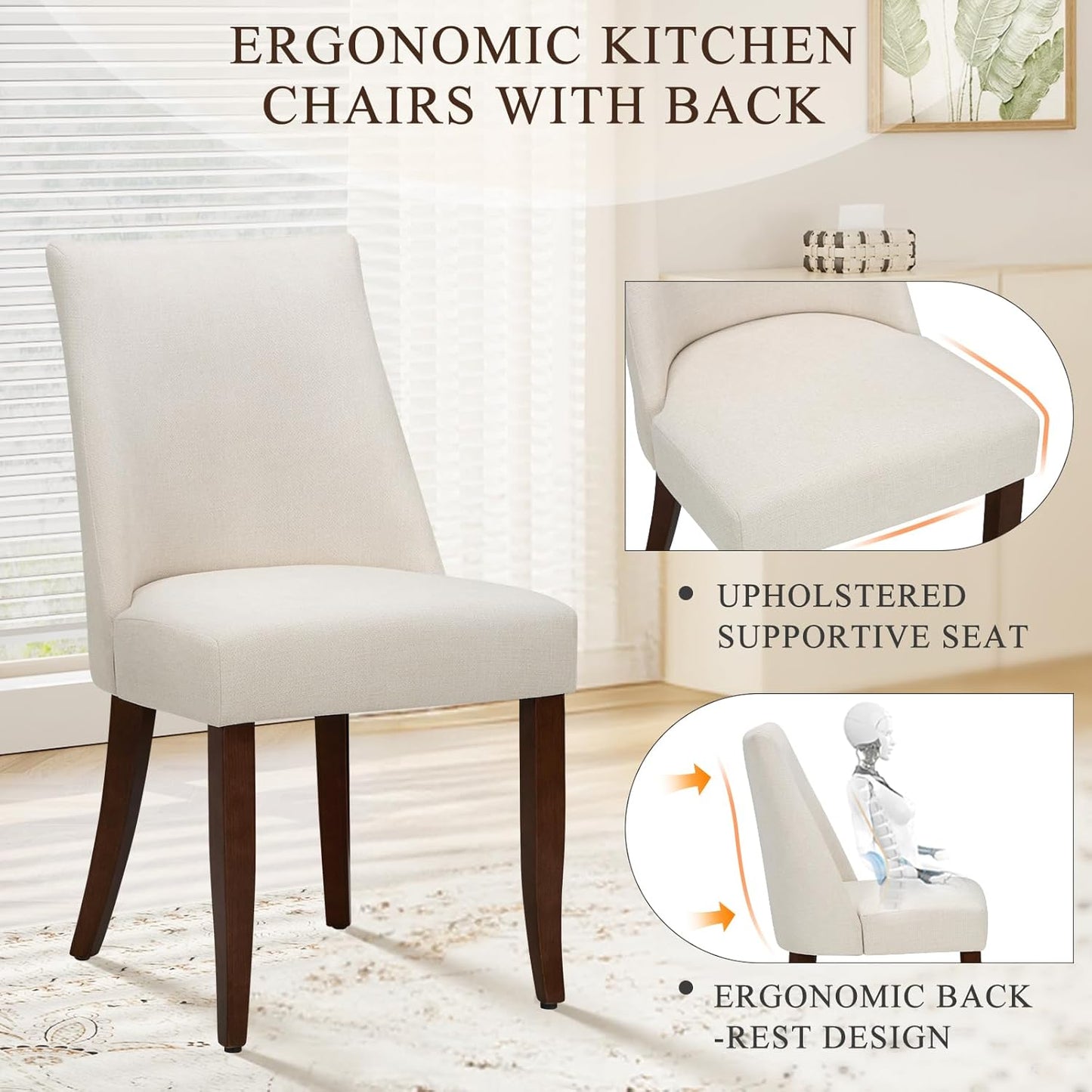 COLAMY Upholstered Dining Chairs Set of 2, Mid Century Modern Kitchen Chairs with Back, Farmhouse Fabric Side Dining Room Chairs with Wood Legs for Dining Room Restaurant, Beige