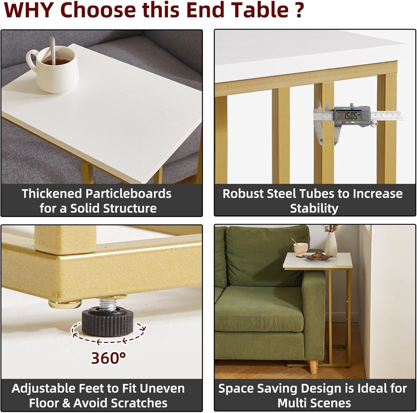 Small Side Tables C Shaped, End Table, Small Table Stand for Living Room Bedroom, Little Bedside Table 16x12x25 inch White+Gold YD-TM051WG