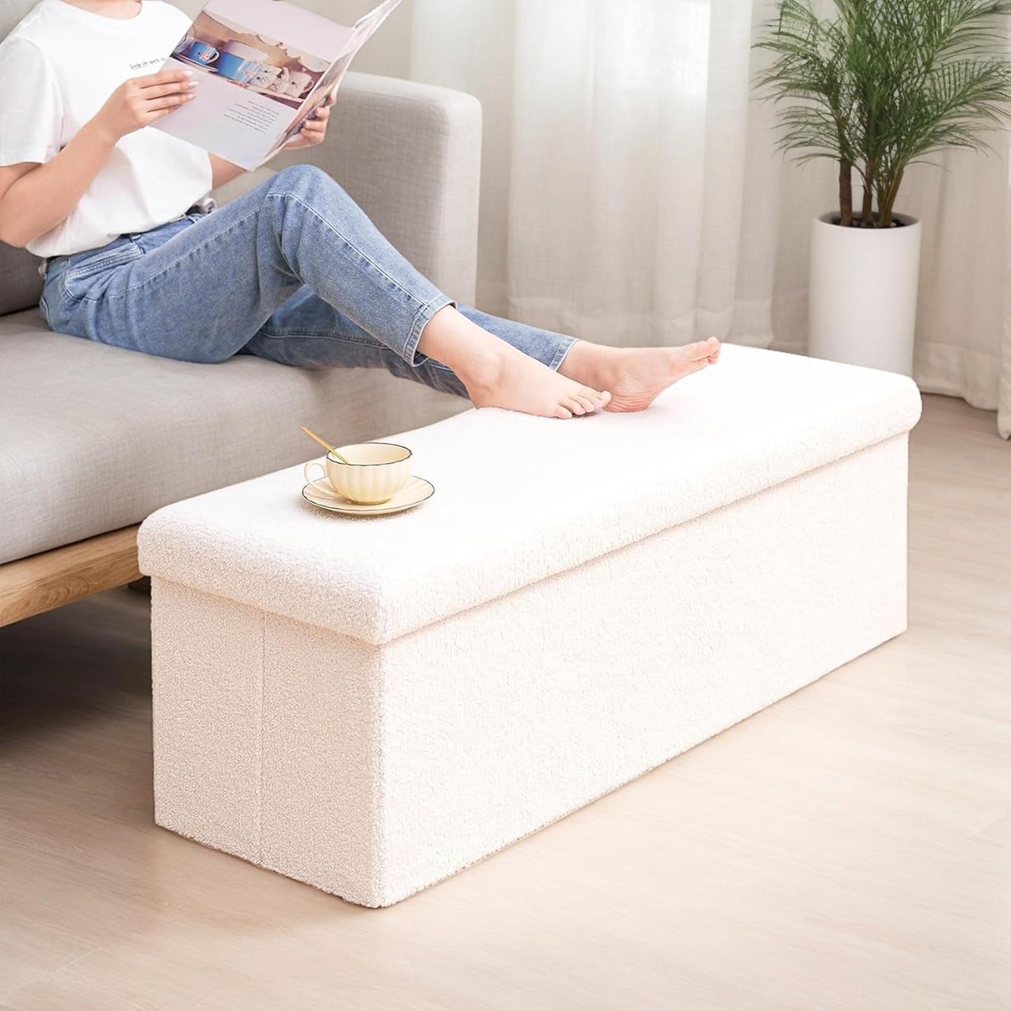 43 Inches Storage Ottoman Bench - Extra Large Foldable Ottoman with Storage, Bench for Living Room, Bedroom, Entryway - White