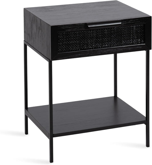 Kate and Laurel Ori Modern Cane Rectangle Side Table, 18 x 15 x 24, Black, Versatile Rattan Living Room End Table with Drawer for Storage and Home Decor
