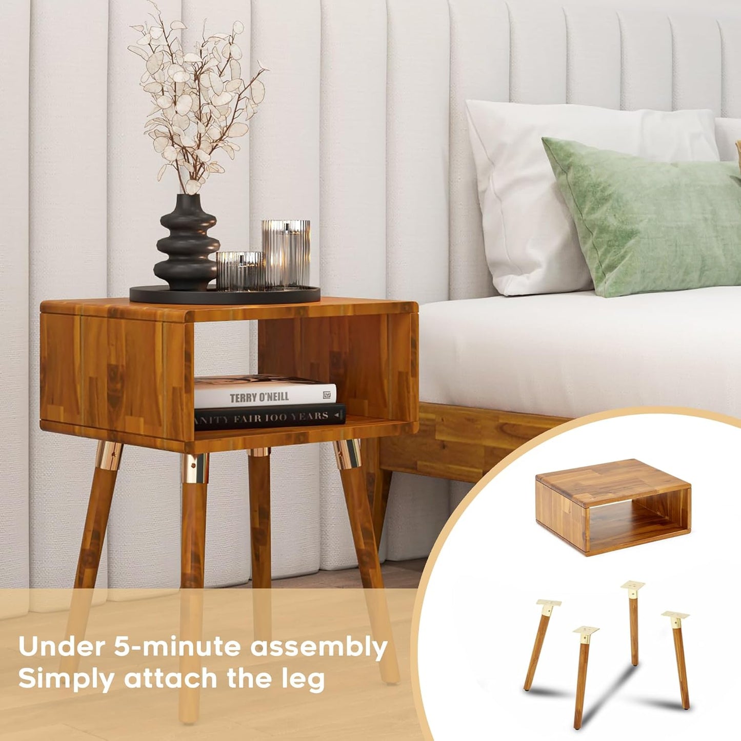 Bme Dinkee Solid Wood Nightstand, Fully Assembled, Without Drawer for Mid Century Bedroom and Living Room, Caramel