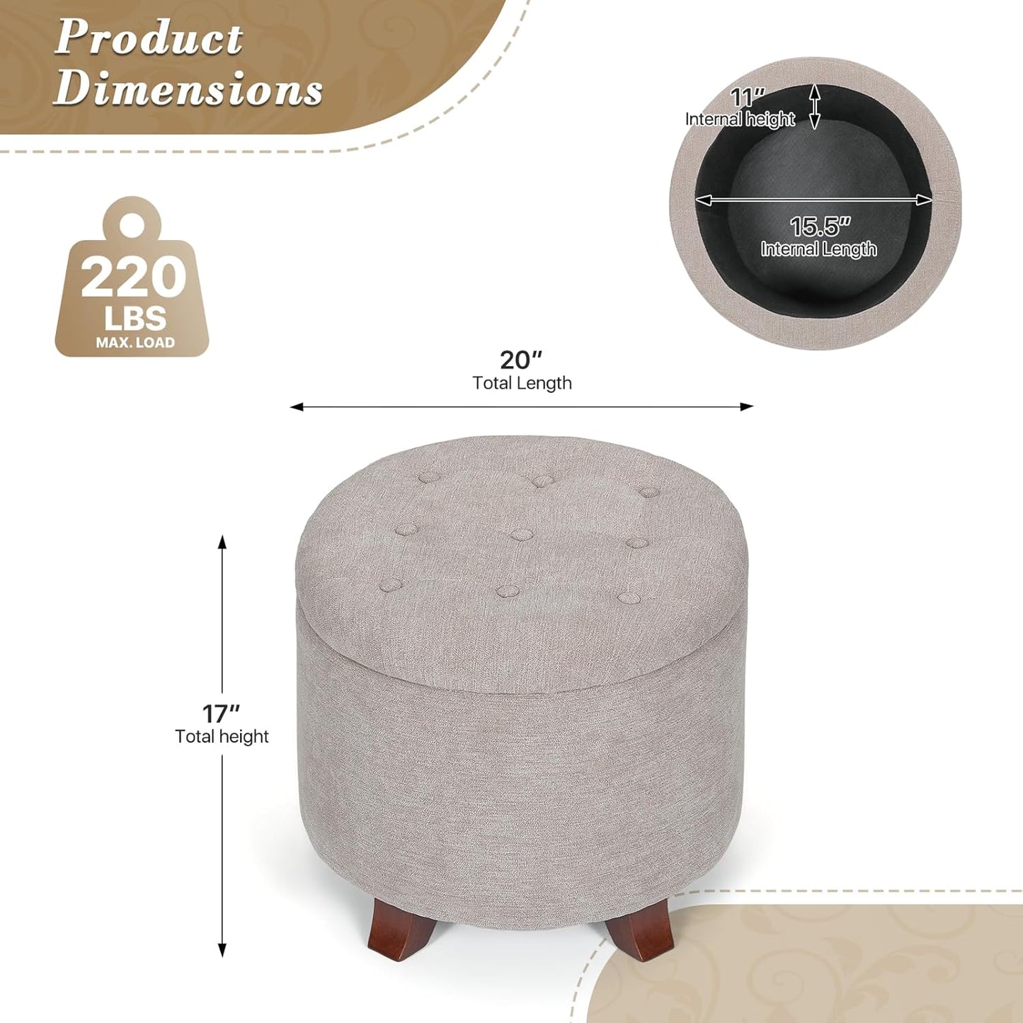 Athena Collection 20 Inch Small Ottoman with Storage, Round Linen Fabric Storage Ottoman with Removable Lid, Stylish Footstool Foot Rest for Living Room, Bedroom, Dorm, Khaki