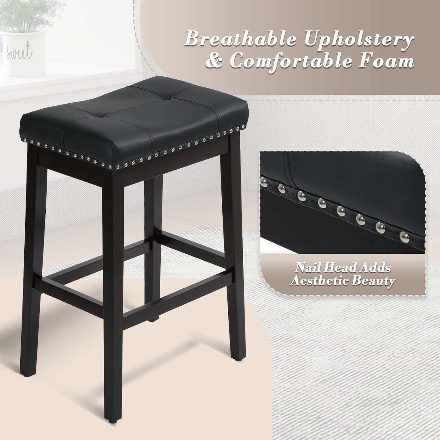 Athena Collection Counter Height Bar Stools Set of 2, 29.5 Inches Backless Saddle Bar Stools with Leather Upholstered and Nailhead Trim, Barstools for Counter, Kitchen Island, Dining Room, Black