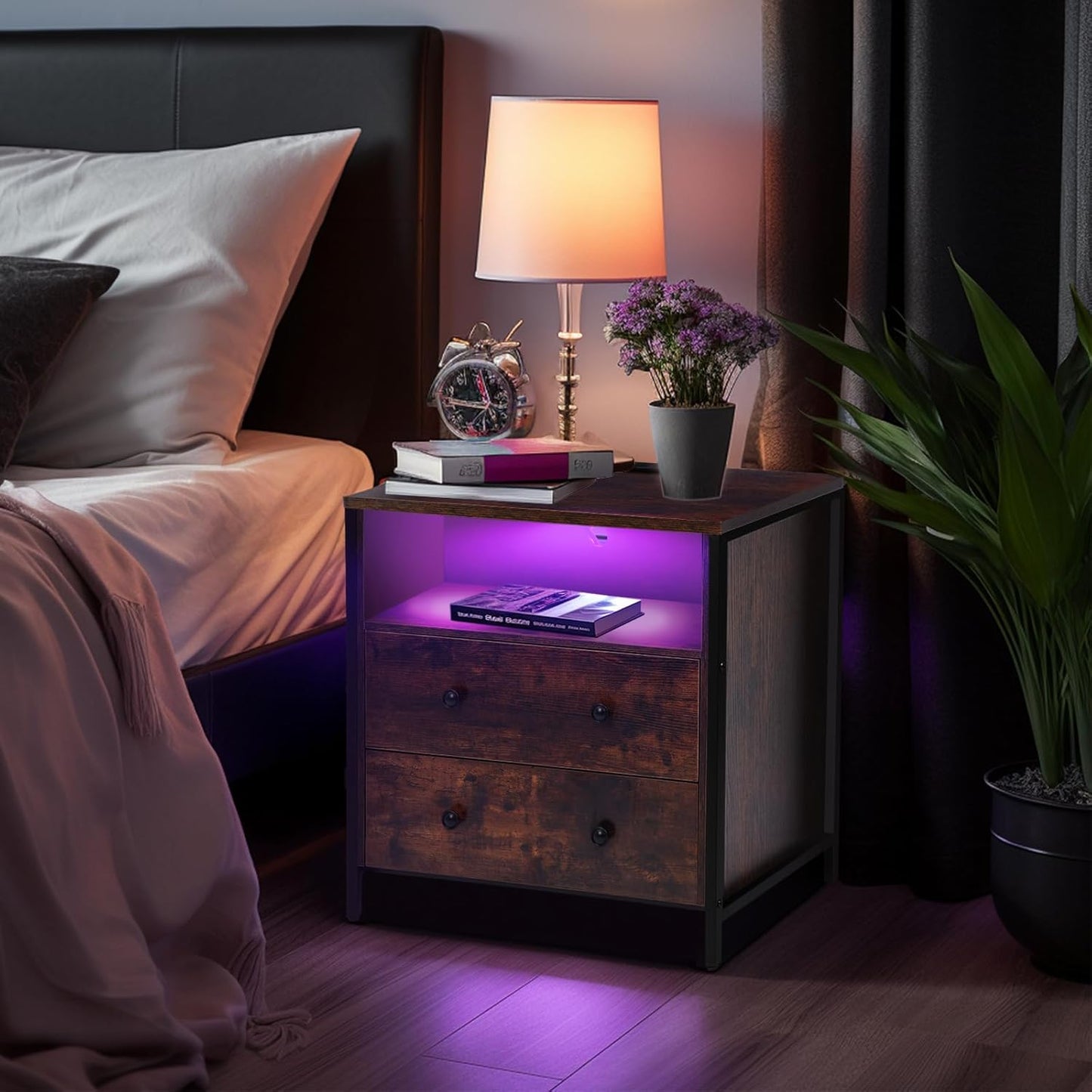 27 Inch Wide Night Stand, Large Wood Night Stand with 2 Drawers, LED Nightstand with Charging Station and Adjustable Drawer, Bedside Table for Living Room/Bedroom/Study/Office, Retro.