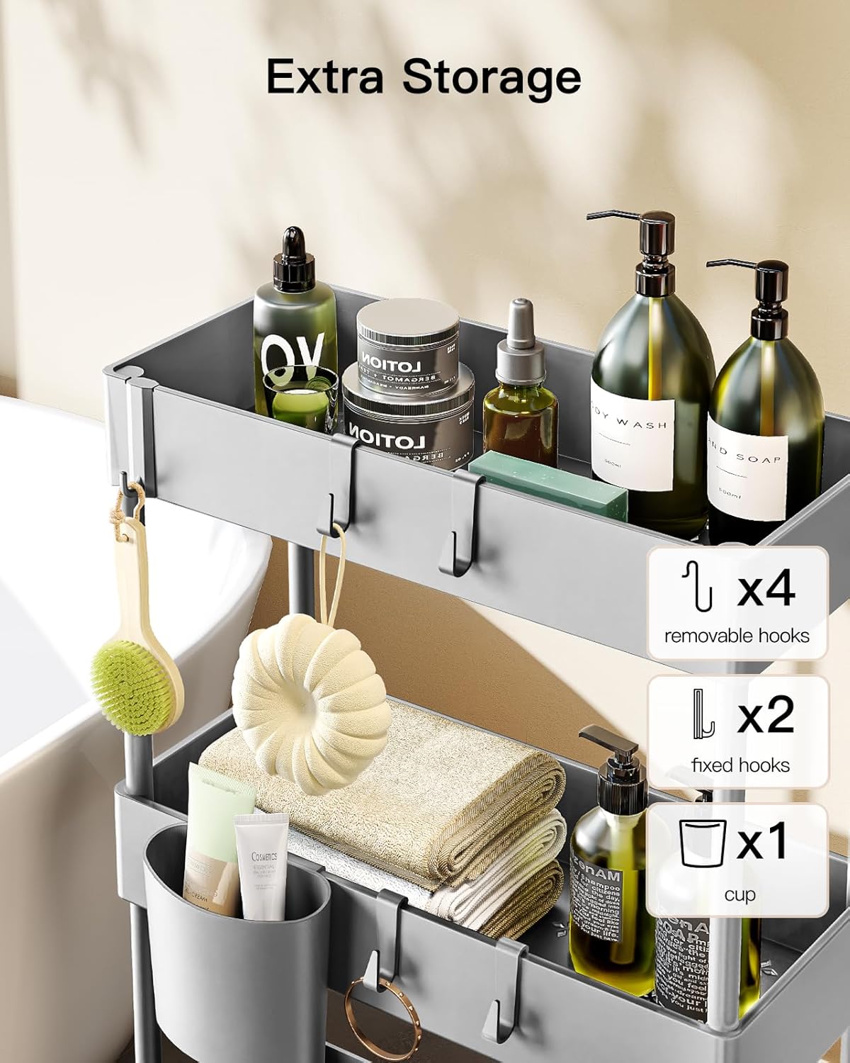 Pipishell Slim Storage Cart with Wheels - 3 Tier Bathroom Organizers and Storage Cart - Rolling Carts for Bathroom, Kitchen, Narrow Space, Laundry Room,Grey