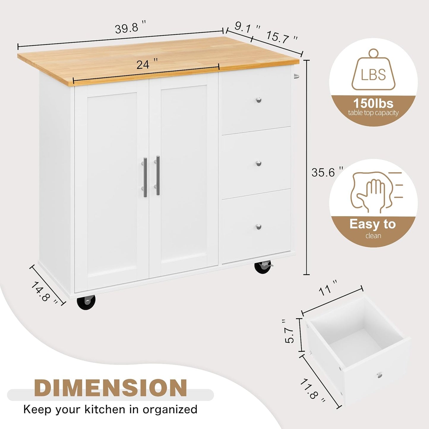Shintenchi Kitchen Island with Folding Drop Leaf, Rolling Island Table with Storage, Kitchen Cabinet on Wheels with Seating Area for Kitchen, Bar Cart with Cabinet, White