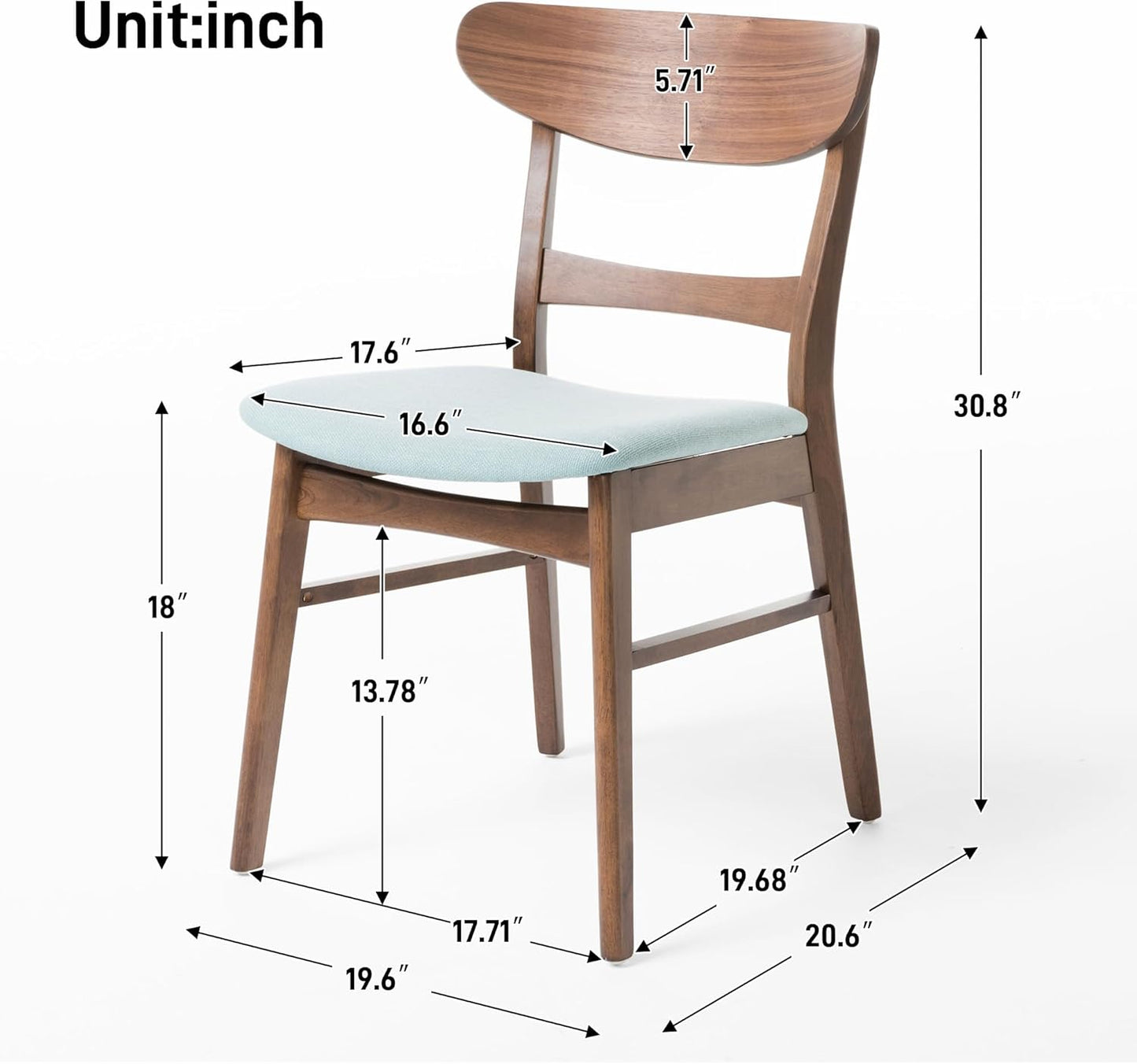 Set of 2 Solid Wood Dining Chairs, Fabric Upholstered Seat Mid-Century Modern Kitchen Furniture for Living Room, Mint+Walnut