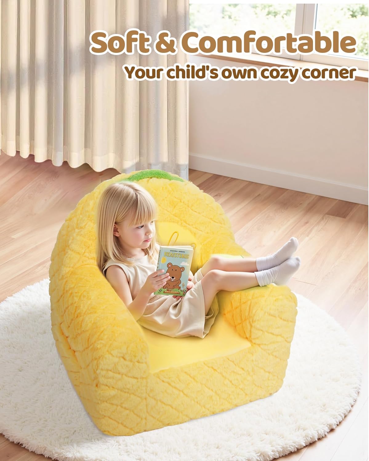 Toddler Chair, Comfy Foam Kids Couch with Soft Velvet Cover, Toddler Couch with Cute Pineapple Design for Gaming and Studying, Kids Sofa for Boys and Girls