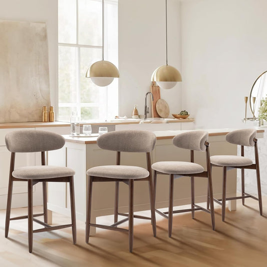COLAMY Counter Height Bar Stools Set of 4, Kitchen Bar Stools with Back, Mid Century Modern Upholstered, with Wood Legs for Kitchen Island Dining Room, Camel