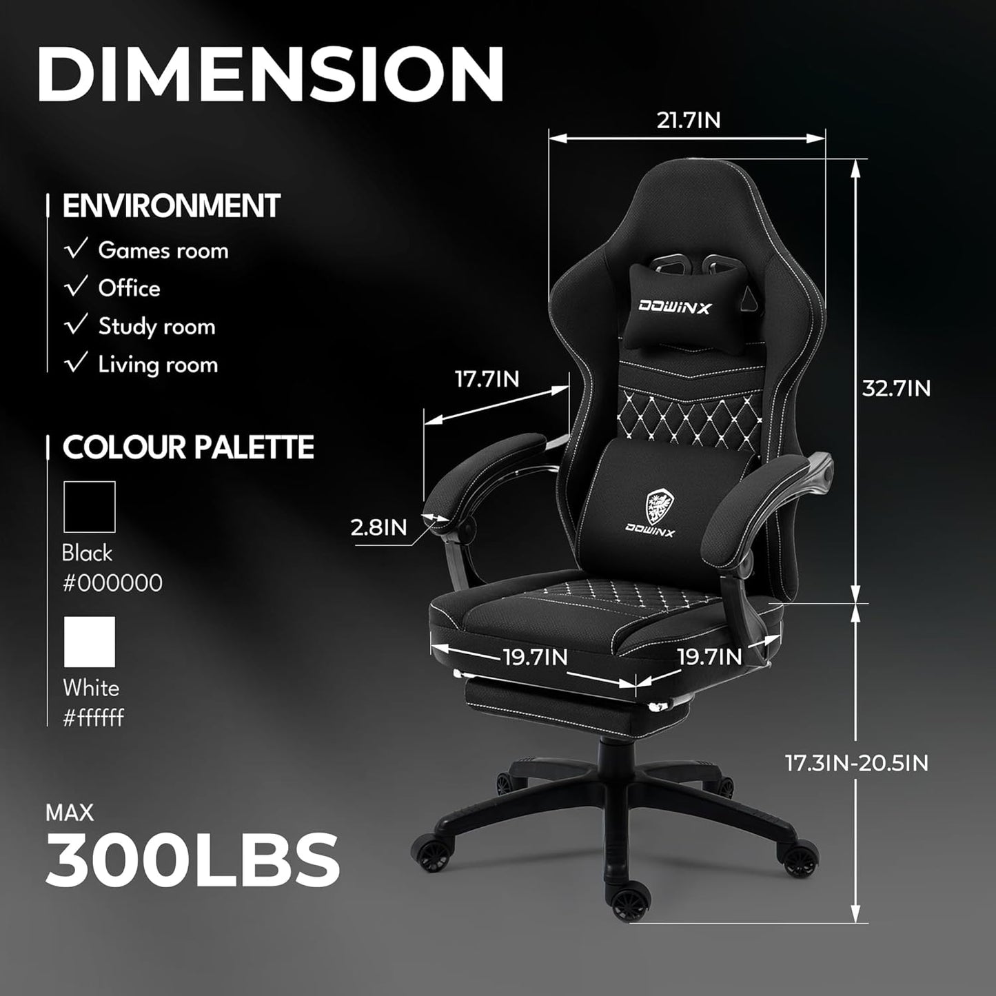 Dowinx Gaming Chair Breathable Fabric Game Chair with Gel Pad and Storage Bag, Comfortable Gamer Chair with Pocket Spring Cushion, Ergonomic Computer Chair with Footrest, Black