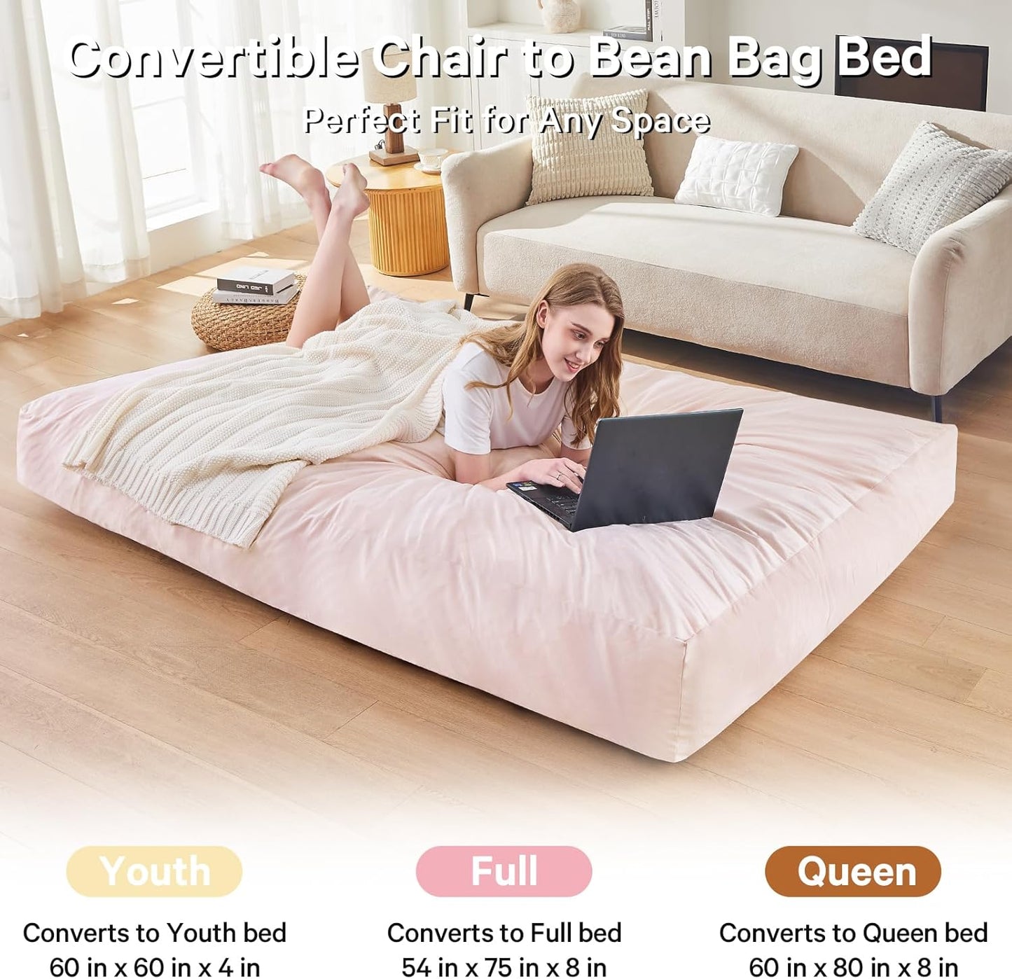 Bean Bag Chairs for Adults - Giant Bean Bag Chair Convertible Bean Bag Bed - Beanbag Chair with Micro Fiber Cover/Furniture Foam Filler - Floor Couch Sofa in Bedroom Dorm Room - Full Pink
