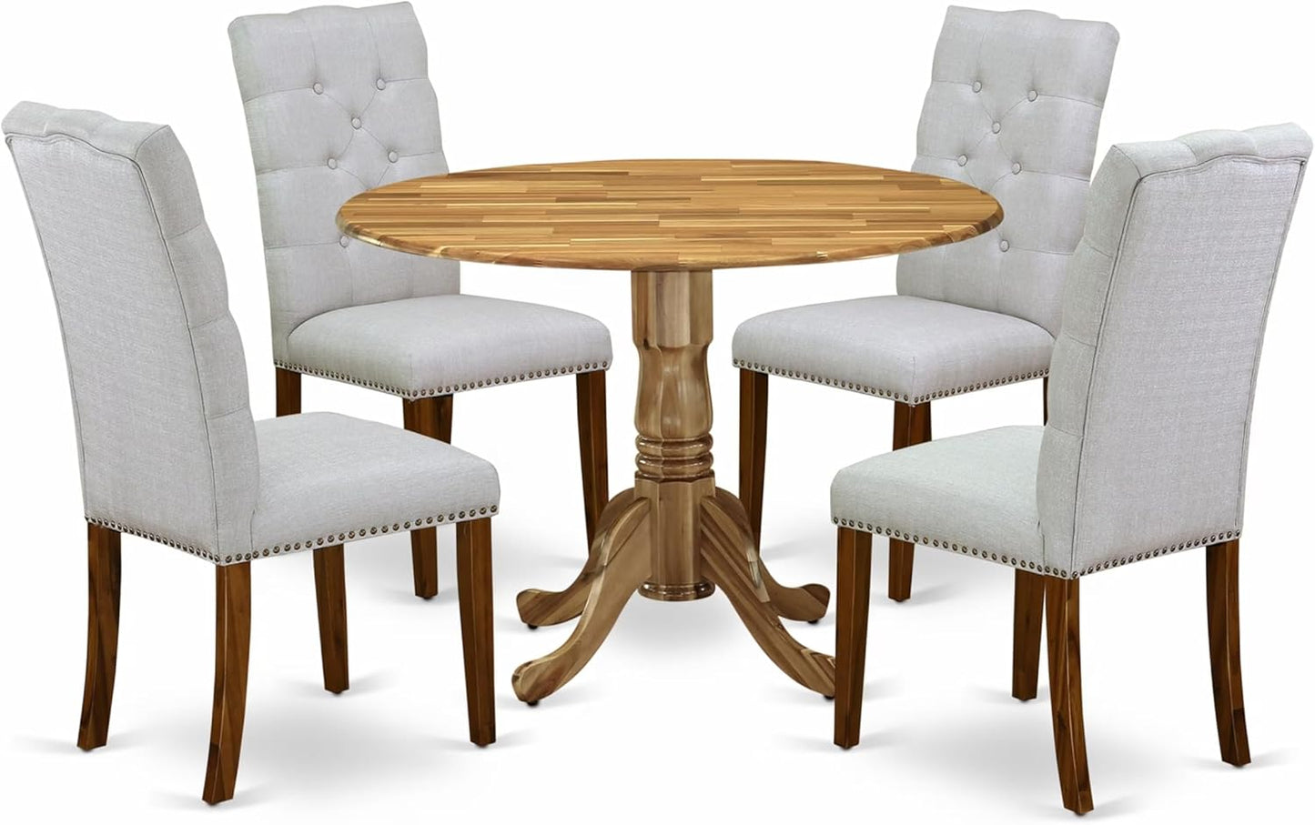 East West Furniture DLEL5-ANA-05 5 Piece Dinette Set for 4 Includes a Round Dining Room Table with Dropleaf and 4 Grey Linen Fabric Upholstered Parson Chairs, 42x42 Inch, Natural