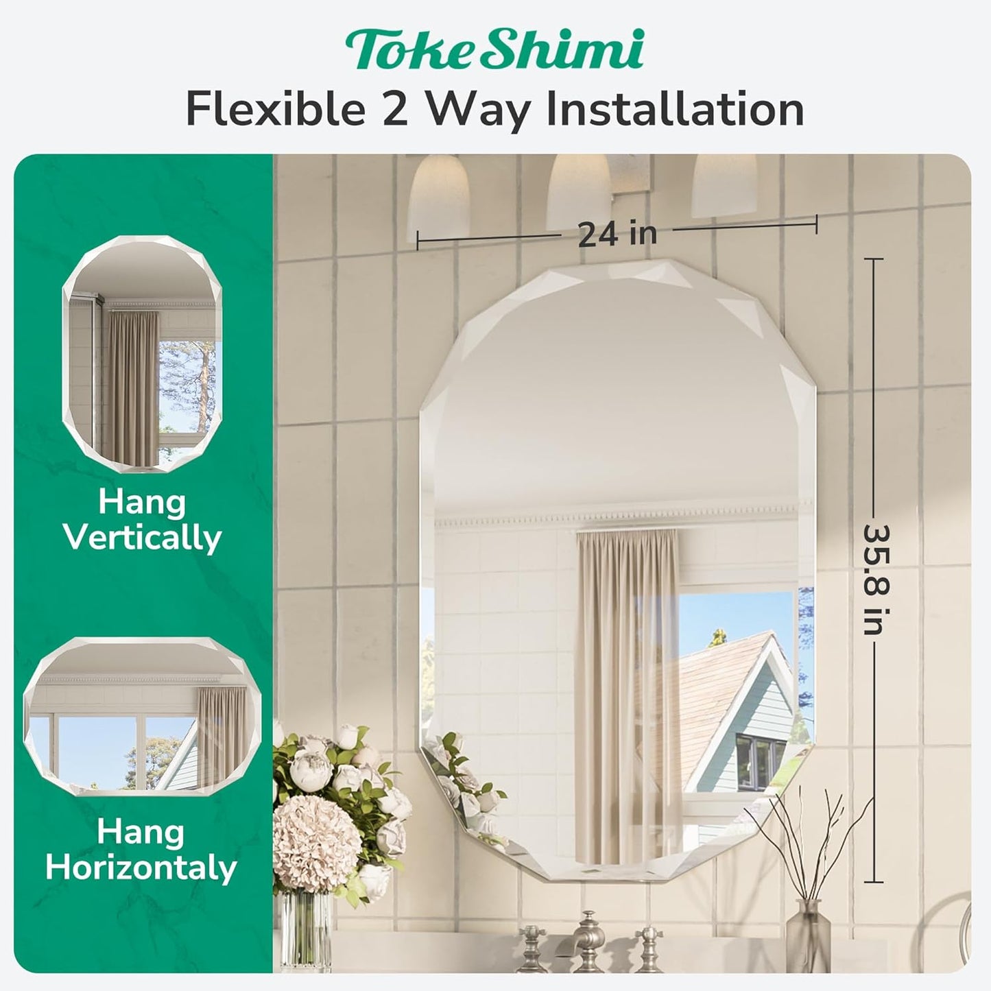 TokeShimi 24x36 Oval Bathroom Vanity Mirror Beveled, Frameless Mirror Bathroom Stylish, Shatterproof Decorative Irregular Wall Mirrored Modern Circle for Living Room, Entryway, Restroom