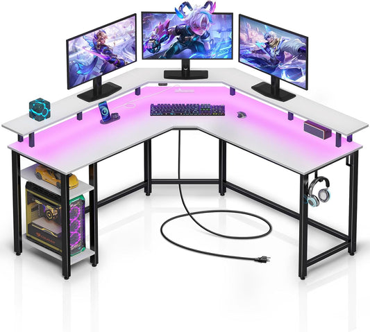 Rolanstar L Shaped Gaming Desk with LED Lights & Power Outlets, 53" Computer Desk with Full Monitor Stand & Storage Shelf, Corner Desk with Hooks, White Desk Reversible
