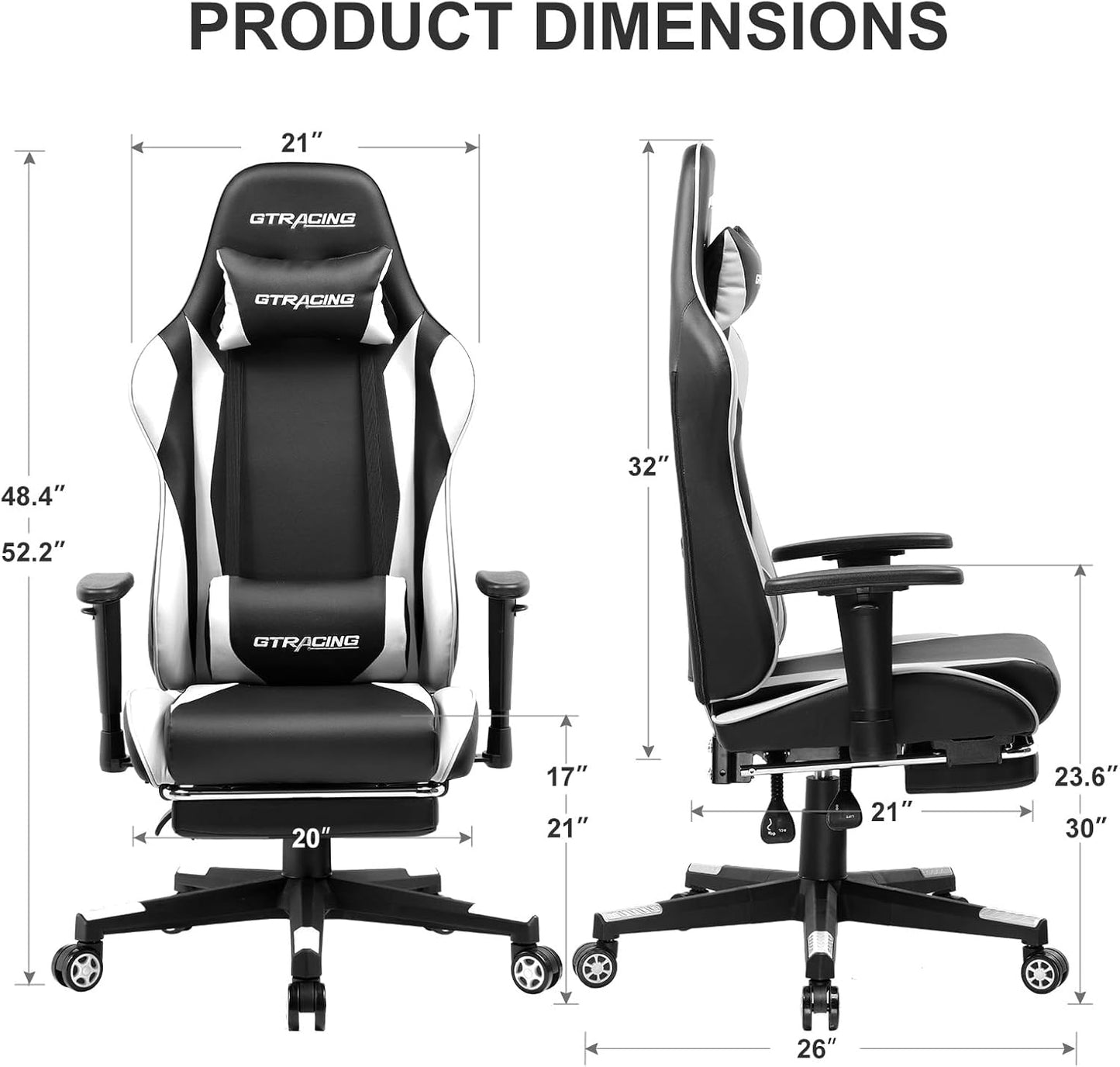 GTRACING Gaming Chair with Footrest, Ergonomic Computer Game Desk Chair, Reclining Gamer Chair Seat Height Adjustment, Swivel Rocker with Headrest and Lumbar (White)