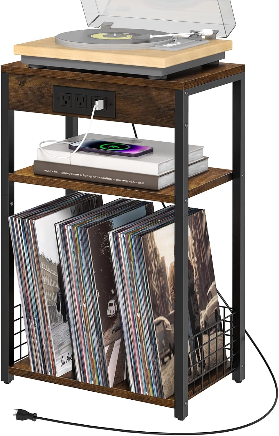 LELELINKY 3 Tier End Table with Charging Station, Brown Record Player Stand with Storage Up to 100 Albums Brown, Night Stand with USB Port, Nightstand for Small Spaces